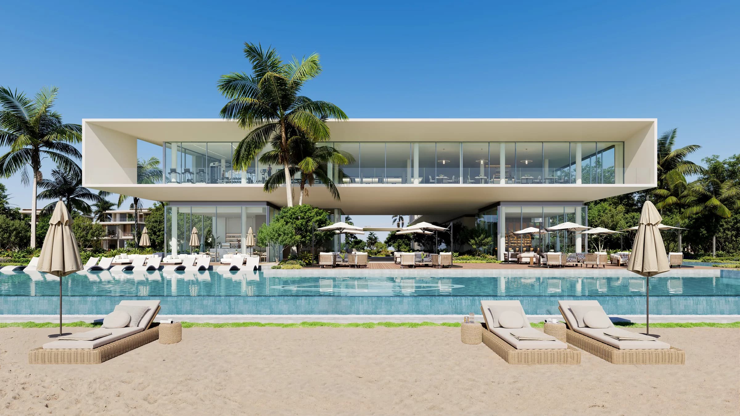 Beach club terrace and shoreline at Bay Estate, Island E, Dubai Islands by Nakheel