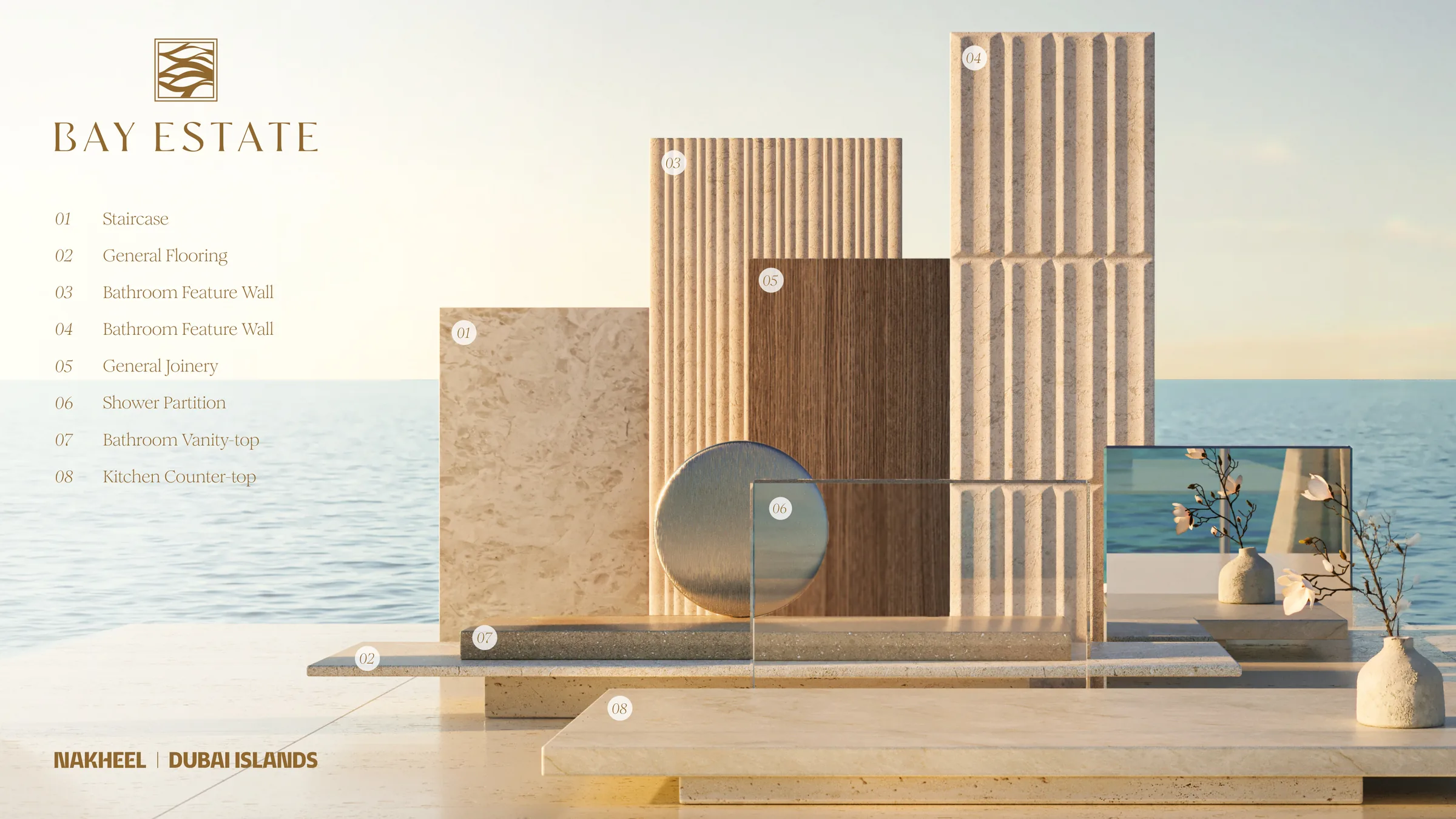 Interior finishes material board at Bay Estate, Island E, Dubai Islands by Nakheel