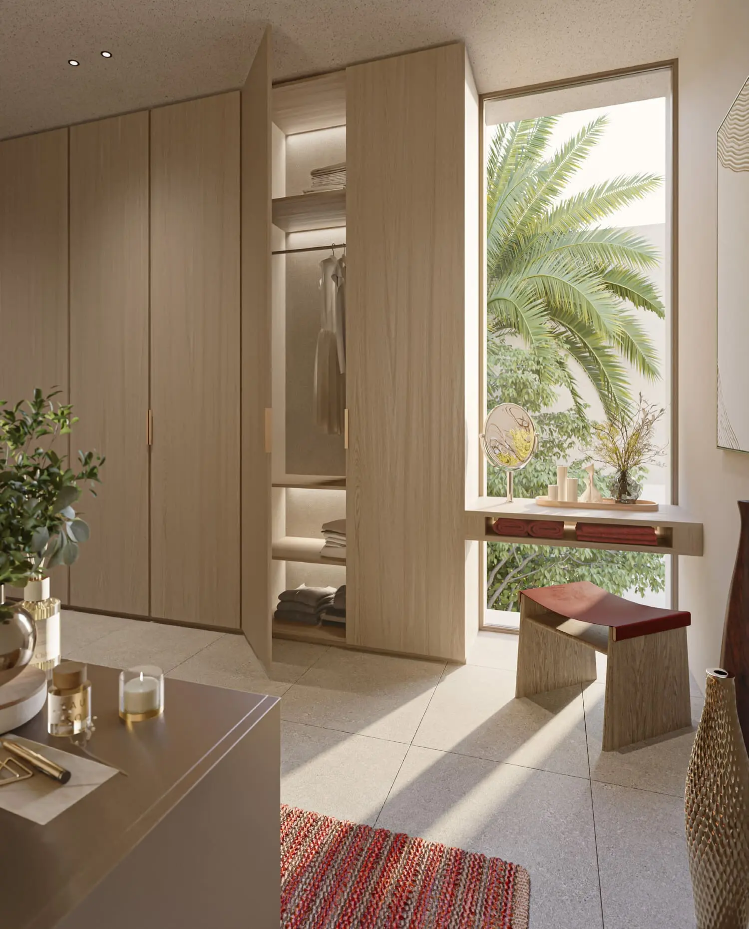 Indoor-outdoor terrace with shaded seating at Bay Villas, Dubai Islands