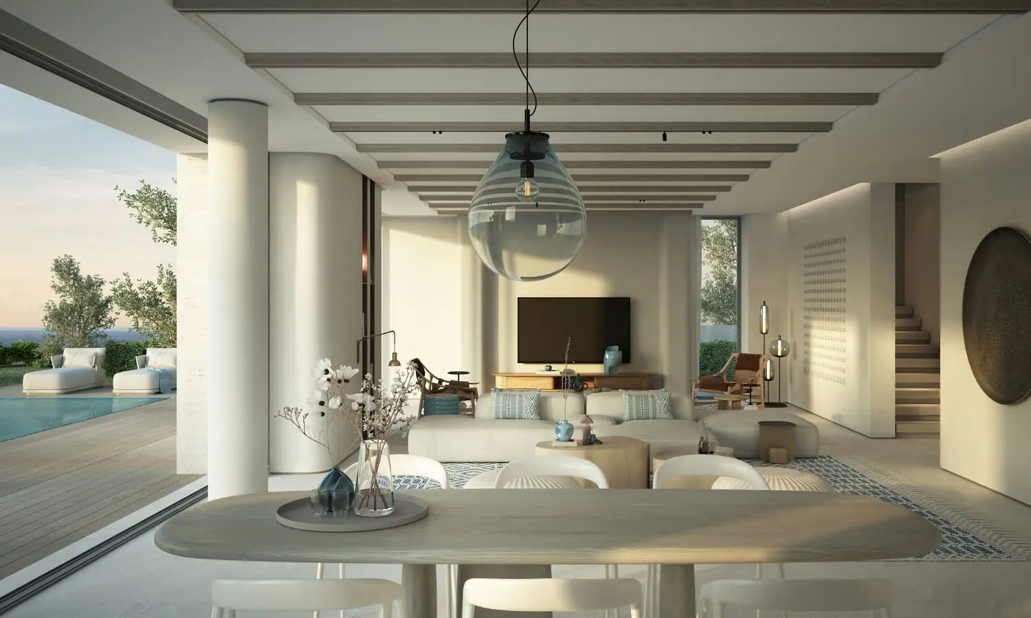 Primary bedroom with Gulf-facing windows in a Bay Villas villa, Dubai Islands