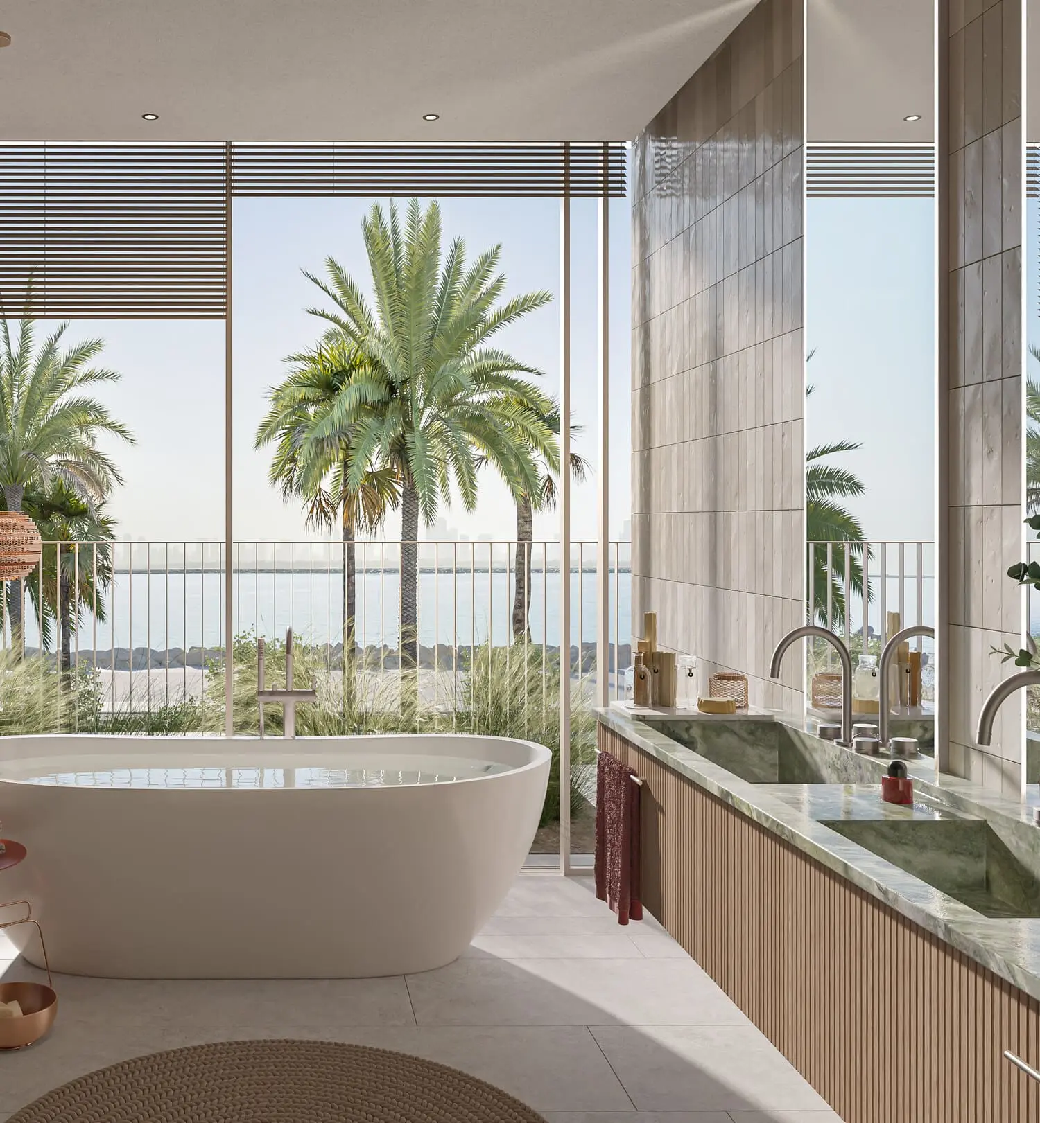 Upper-floor terrace with Dubai Islands skyline views at Bay Villas