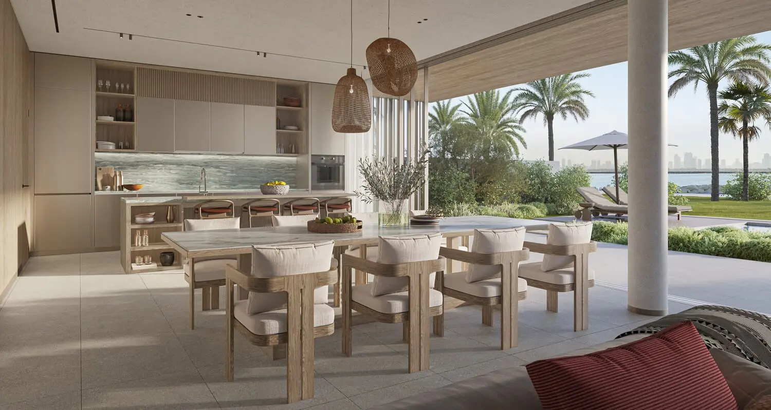Waterfront villa facade with stone cladding at Bay Villas, Dubai Islands