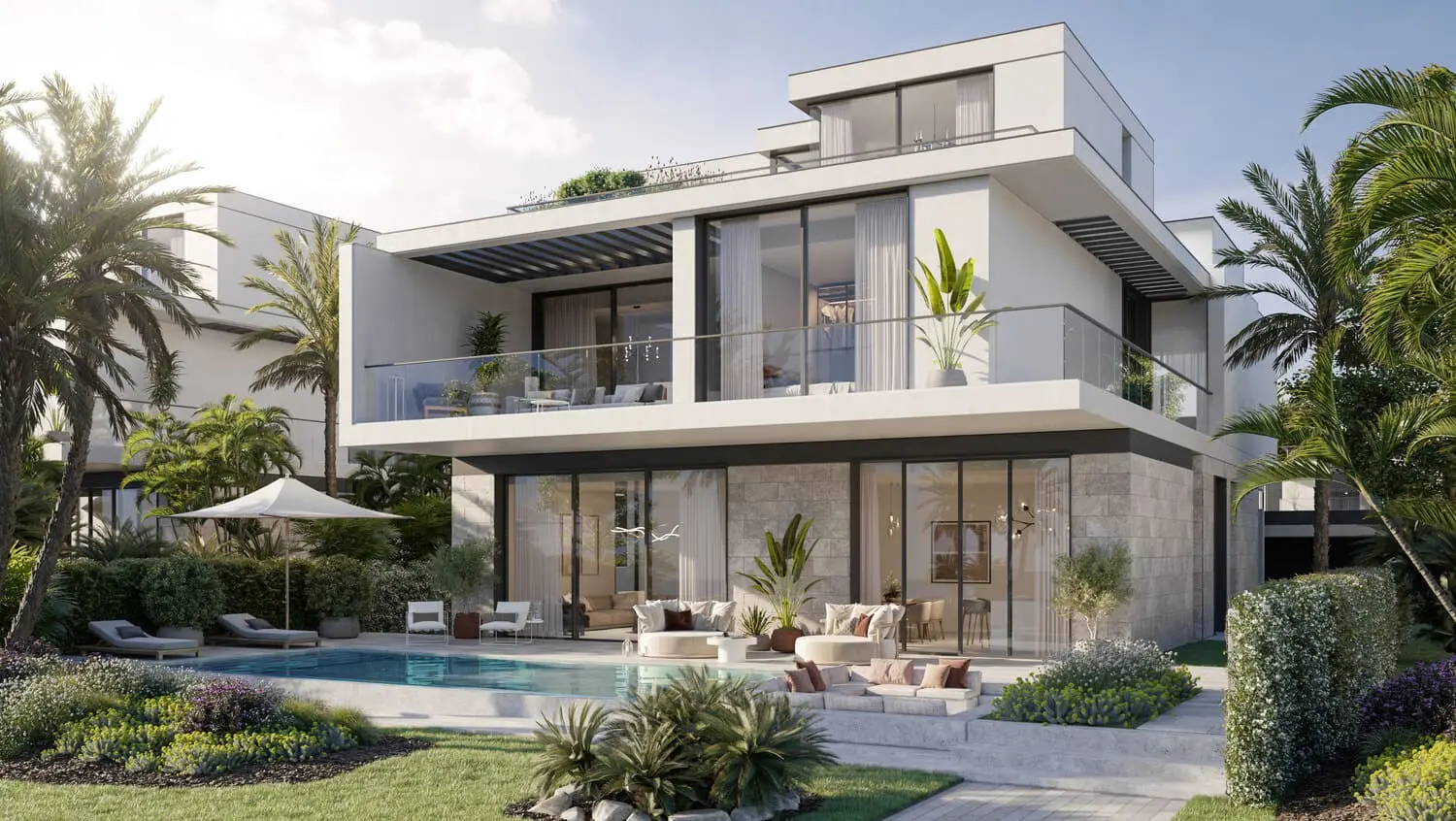 Lounge seating area with water views at a Bay Villas waterfront villa, Dubai Islands