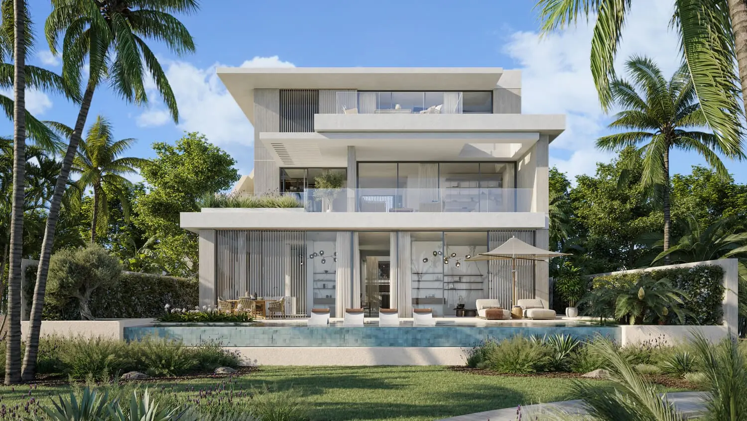 Outdoor dining pavilion beside the pool at Bay Villas, Dubai Islands