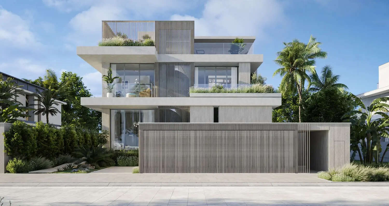 Garden villa exterior with pool and mature planting at Bay Villas, Dubai Islands