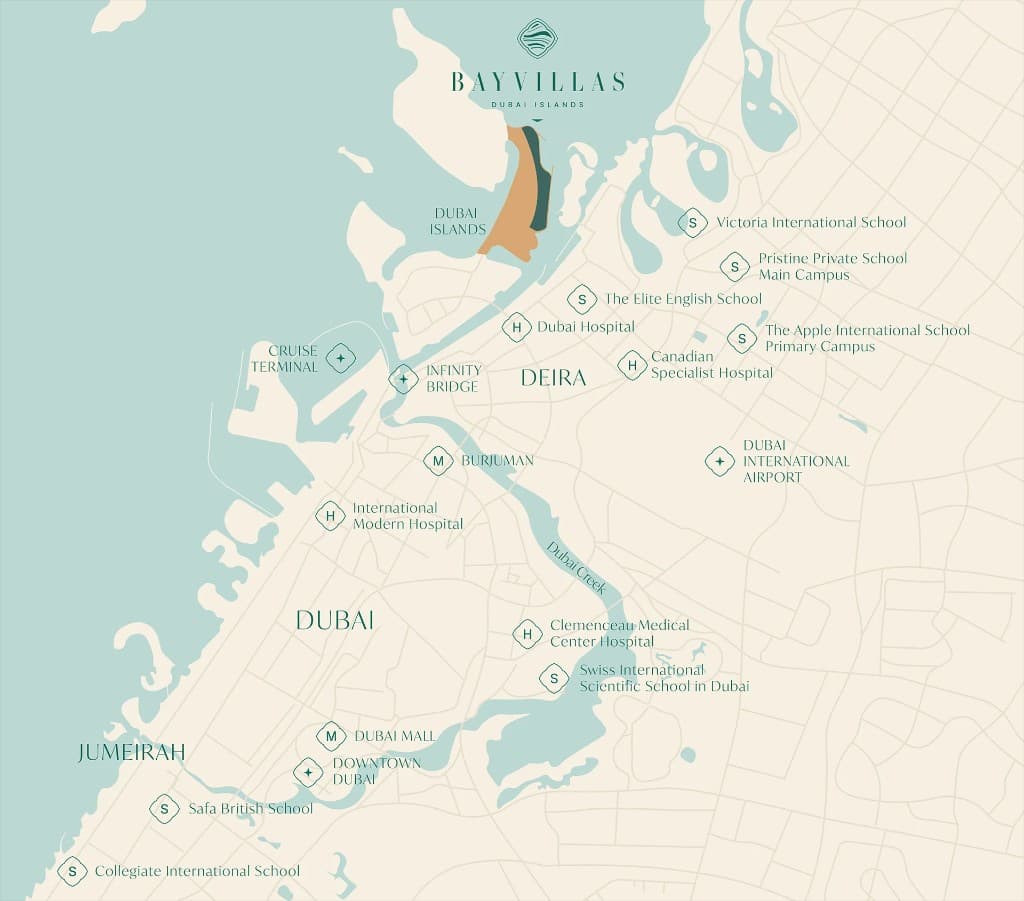 Bay Villas location map — Dubai Islands, schools, hospitals, and connectivity to Downtown Dubai and Dubai International Airport