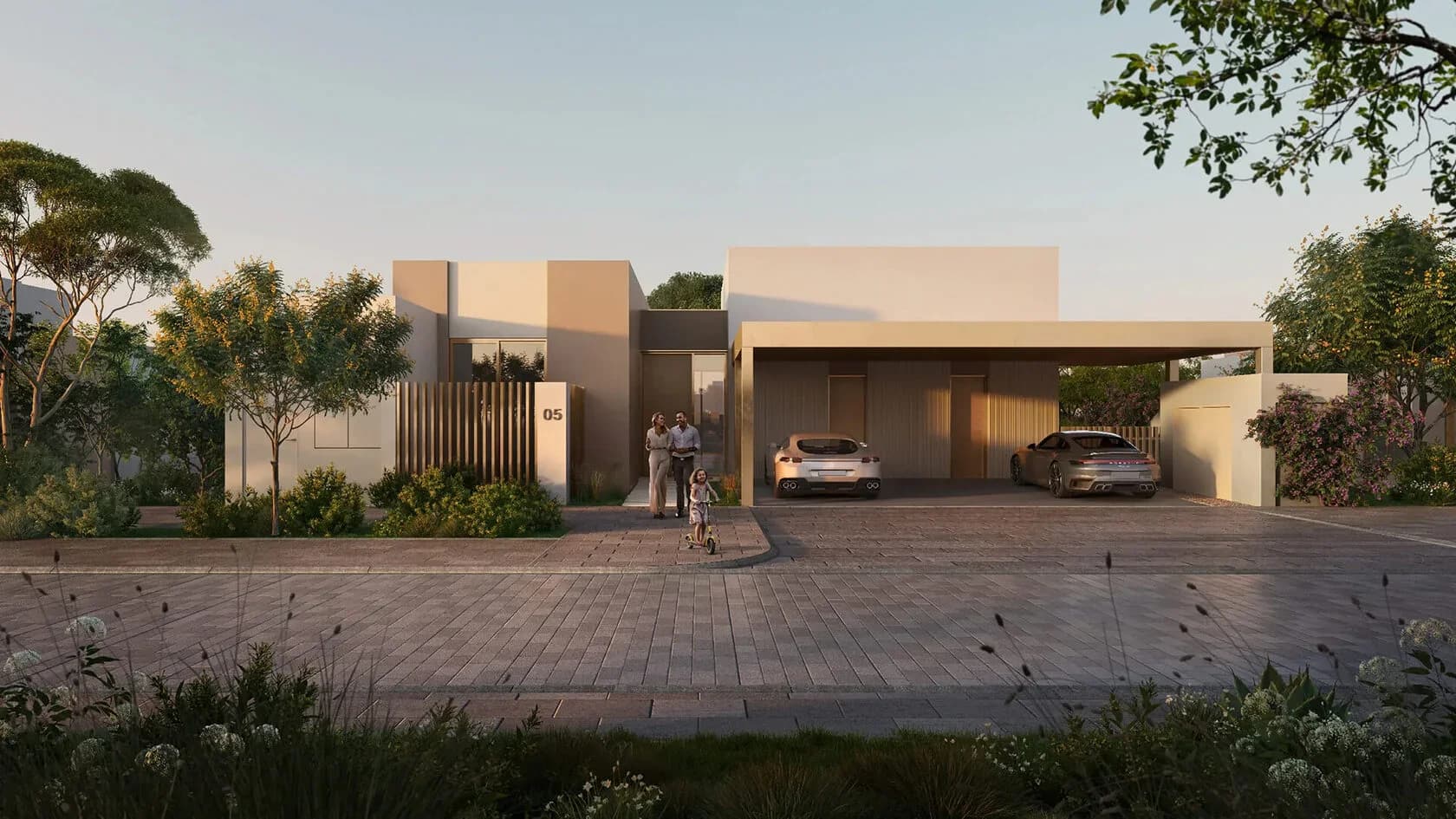 Double Height Villas at Bayn by ORA — resort-style villa frontage with carport