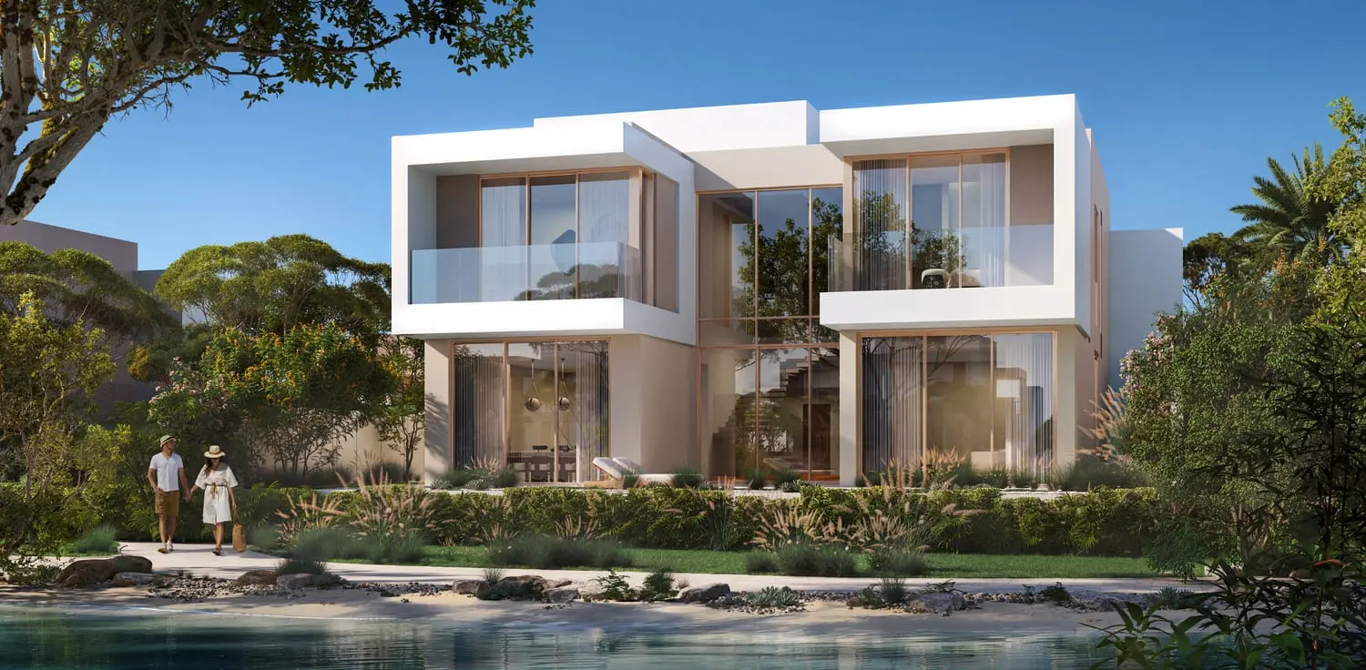 Beachfront villa exterior along the private shoreline at Bayn by Ora, Ghantoot, between Abu Dhabi and Dubai