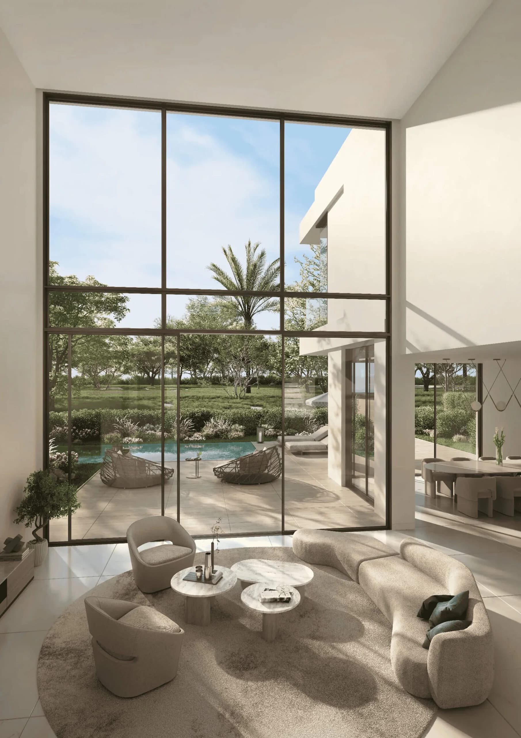 Core Villa living room opening to the pool terrace at Bayn by Ora, Ghantoot, between Abu Dhabi and Dubai