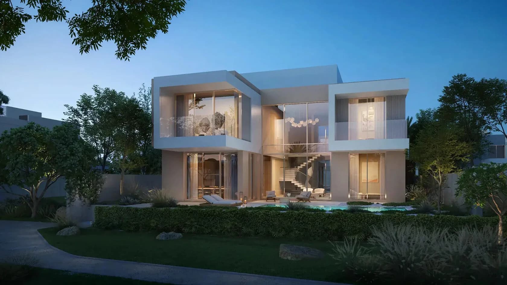 4 and 5 bedroom Double Height Villa exterior at dusk at Bayn by Ora, Ghantoot, between Abu Dhabi and Dubai
