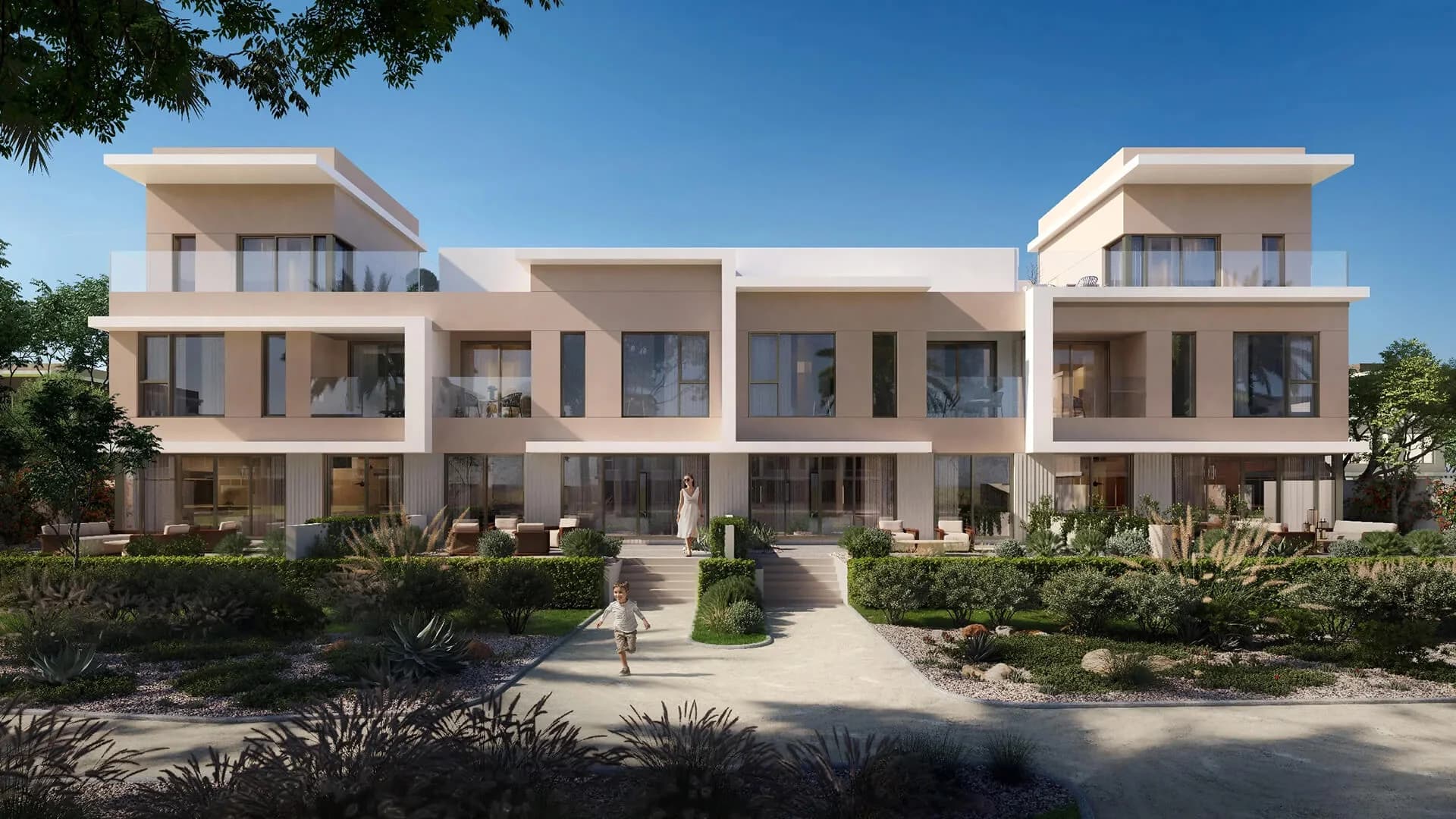 Contemporary 3 and 4 bedroom townhouse exteriors at Bayn by Ora, Ghantoot, between Abu Dhabi and Dubai