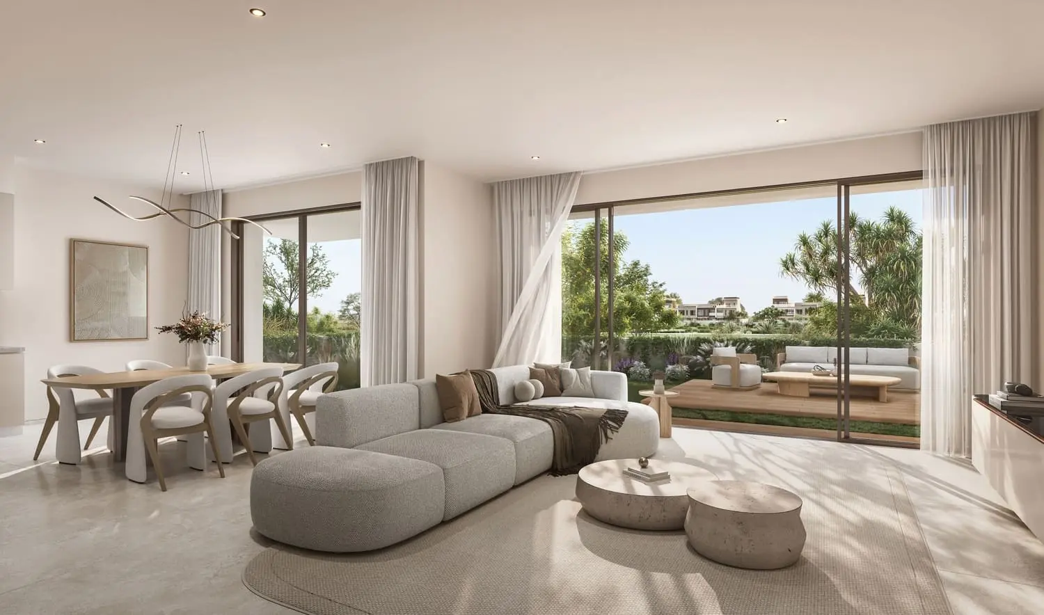 Townhome living and dining with outdoor terrace outlook at Bayn by Ora, Ghantoot, between Abu Dhabi and Dubai