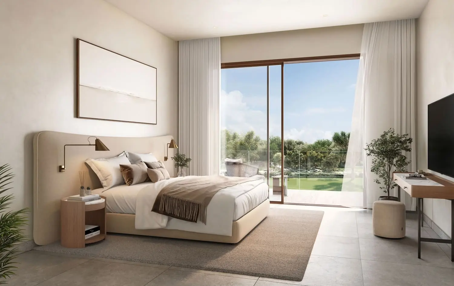 Townhome master bedroom with garden balcony outlook at Bayn by Ora, Ghantoot, between Abu Dhabi and Dubai