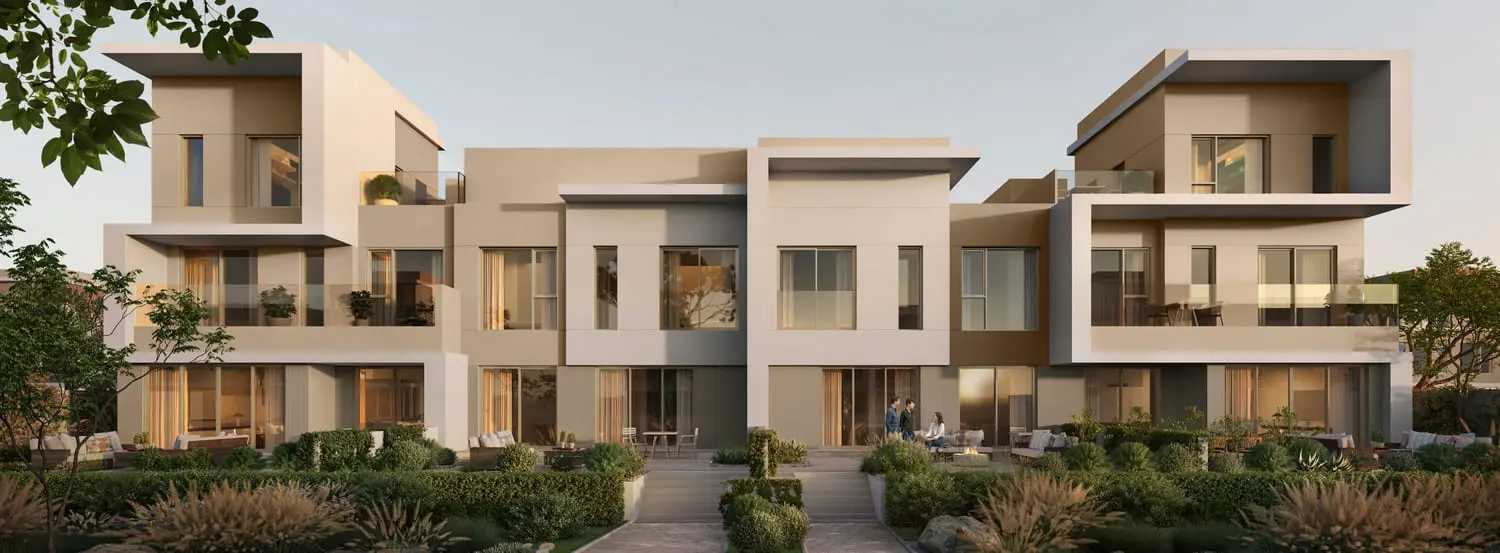 Townhome patio seating in landscaped gardens at Bayn by Ora, Ghantoot, between Abu Dhabi and Dubai