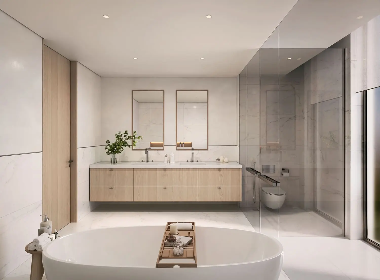 Bathroom with freestanding tub and double vanity at Bayn by Ora, Ghantoot, between Abu Dhabi and Dubai