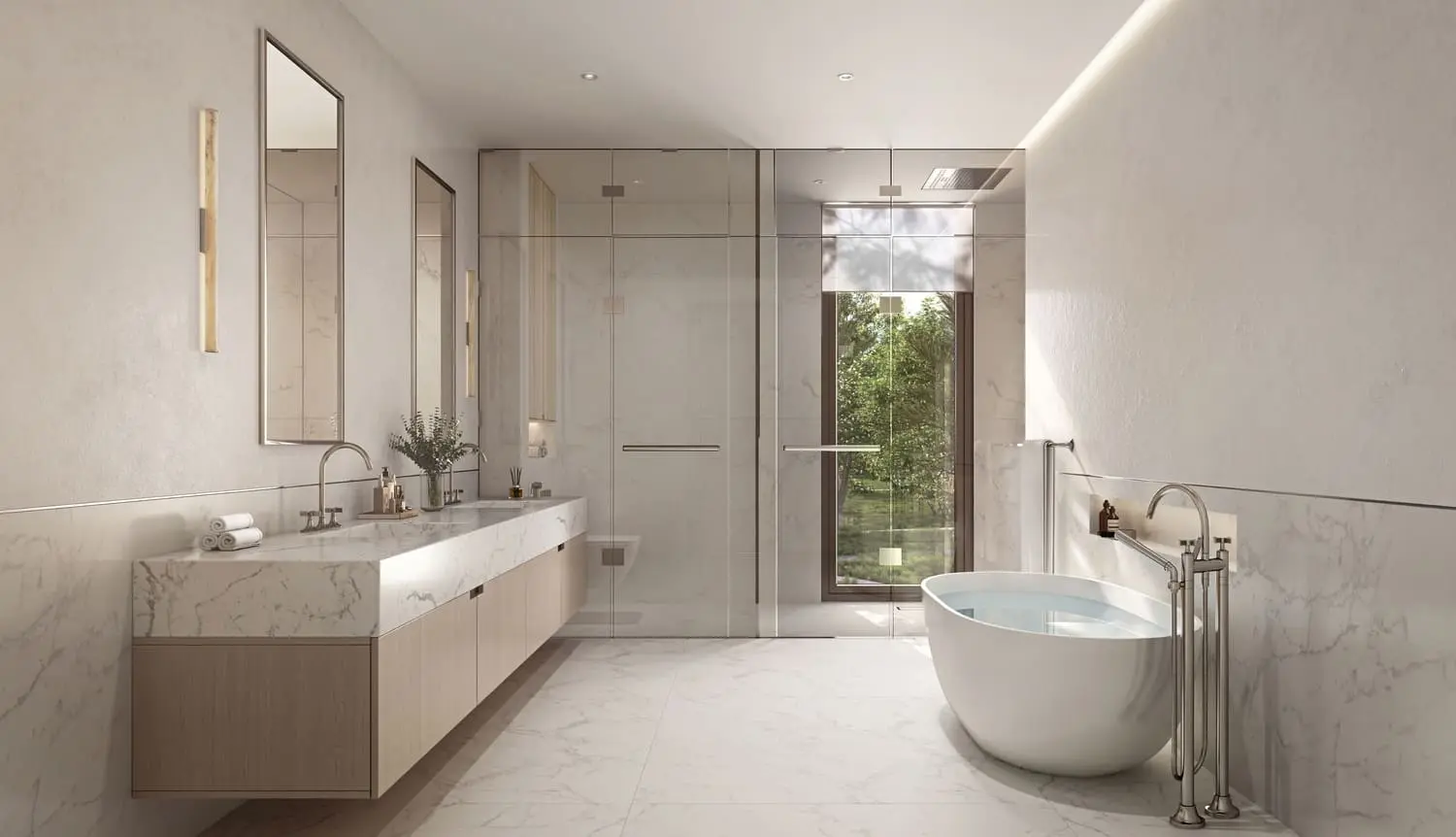 Bathroom with marble double vanity and freestanding tub at Bayn by Ora, Ghantoot, between Abu Dhabi and Dubai