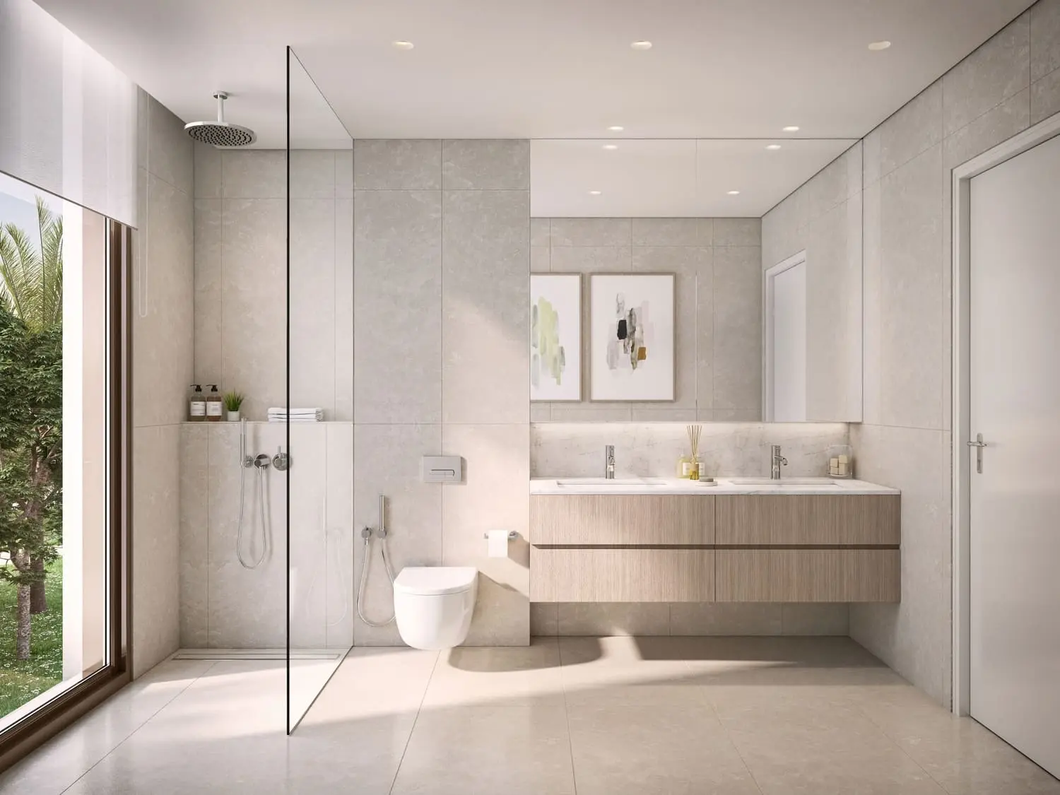 Bathroom with walk-in shower and double vanity at Bayn by Ora, Ghantoot, between Abu Dhabi and Dubai