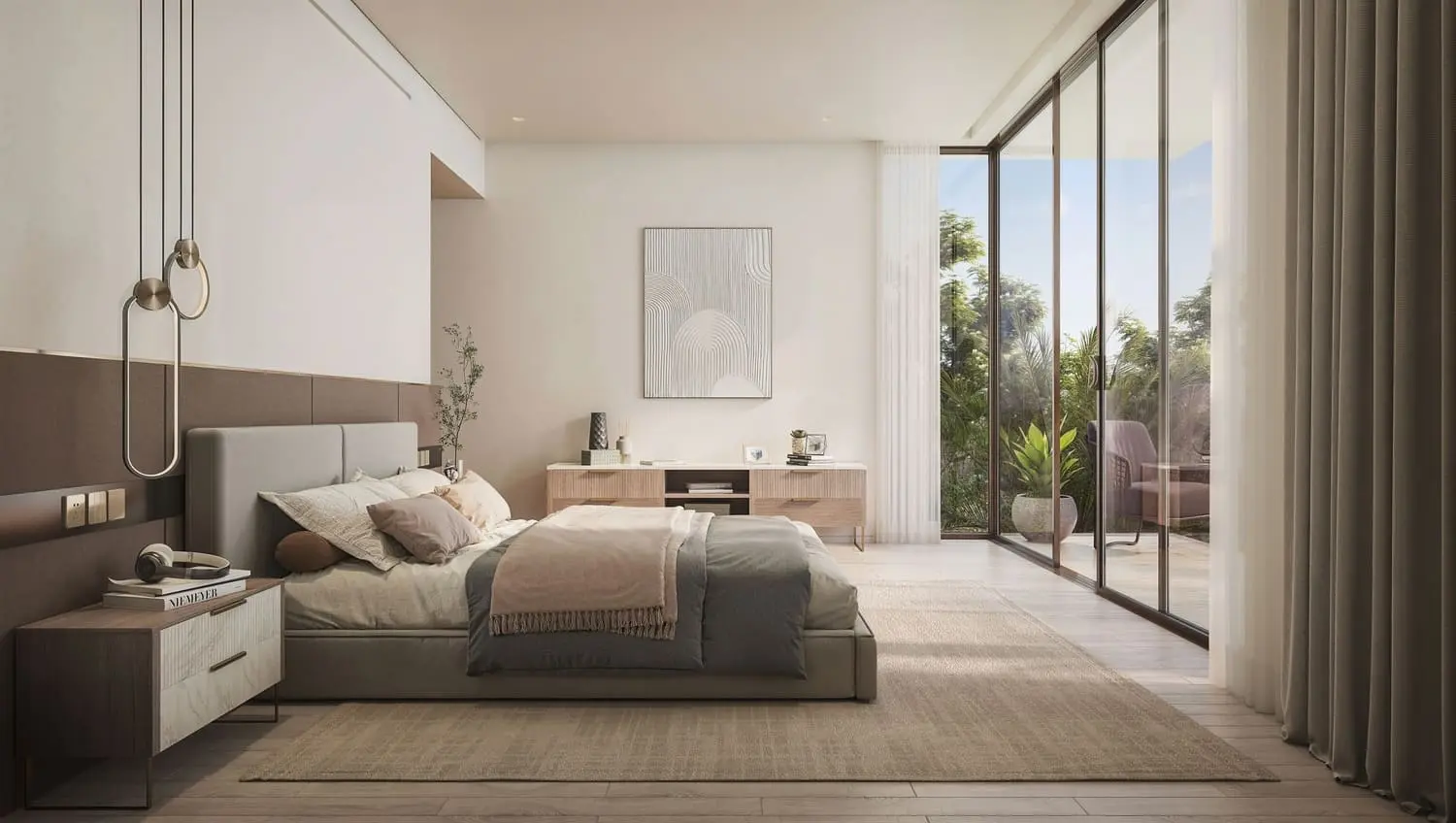 Bedroom with balcony and landscaped garden views at Bayn by Ora, Ghantoot, between Abu Dhabi and Dubai