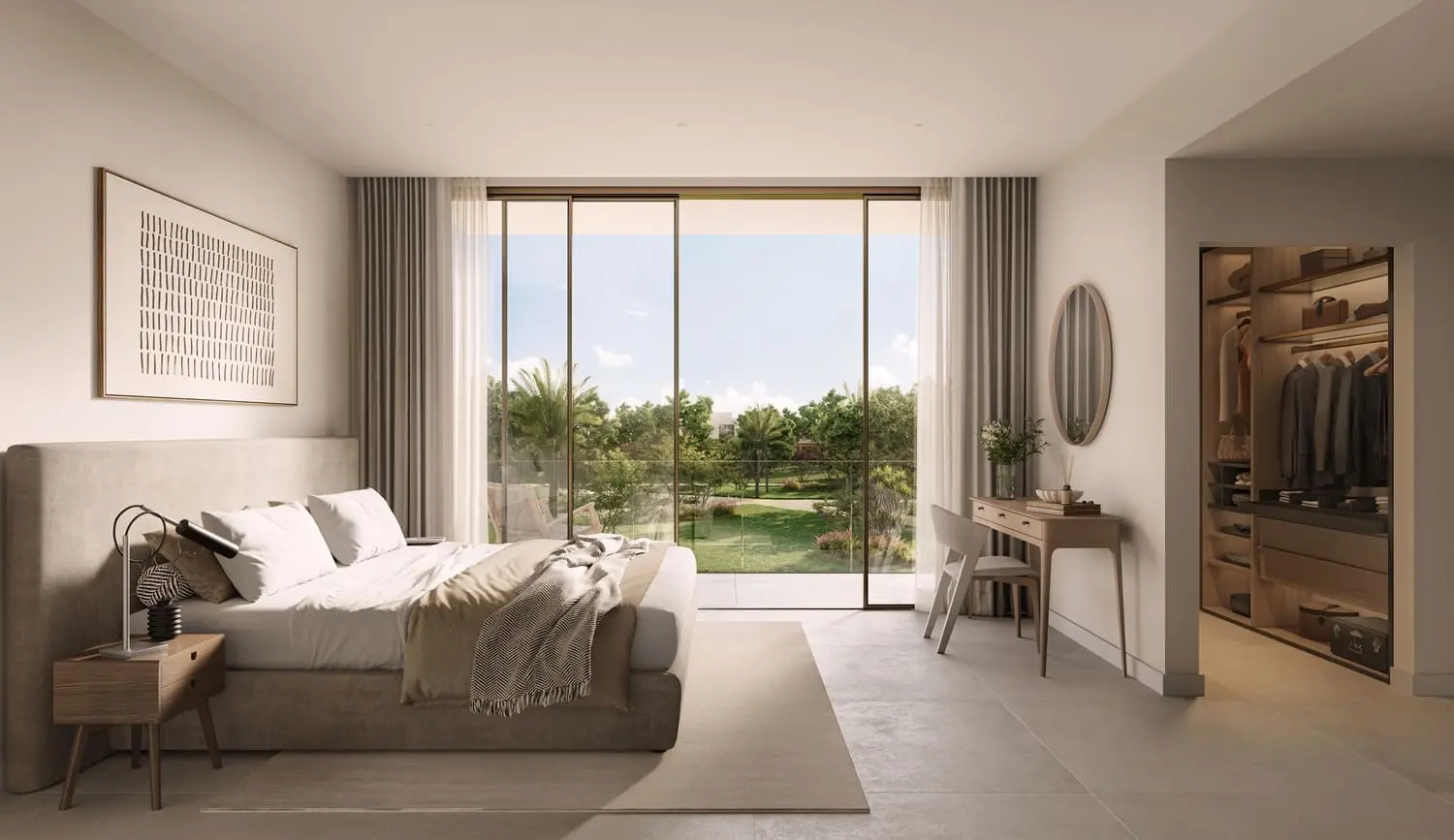Bedroom with walk-in closet and garden view at Bayn by Ora, Ghantoot, between Abu Dhabi and Dubai