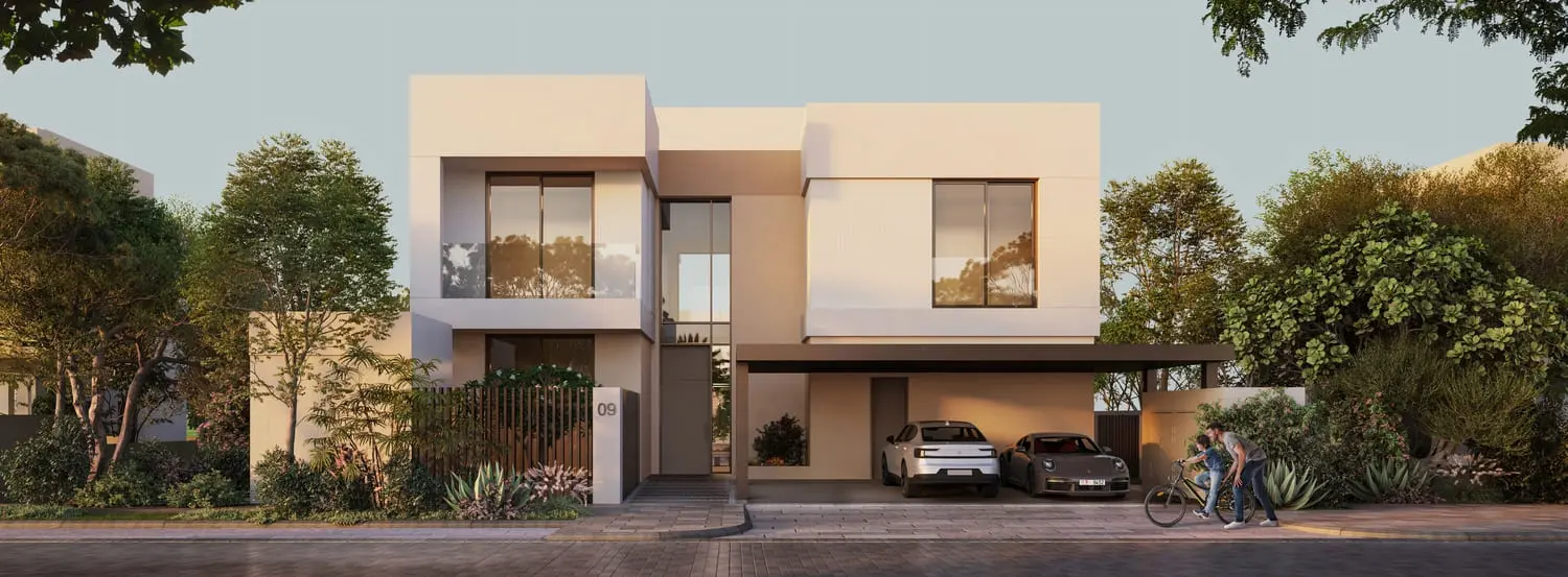 Villa carport and streetscape family lifestyle at Bayn by Ora, Ghantoot, between Abu Dhabi and Dubai