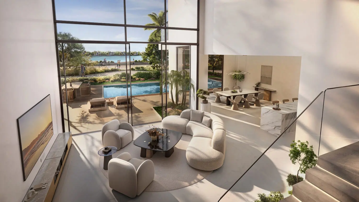 Double-height living room overlooking a private pool at Bayn by Ora, Ghantoot, between Abu Dhabi and Dubai