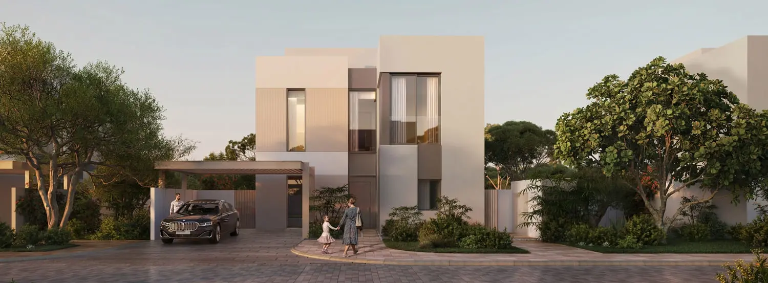 Villa entrance and covered carport arrival at Bayn by Ora, Ghantoot, between Abu Dhabi and Dubai