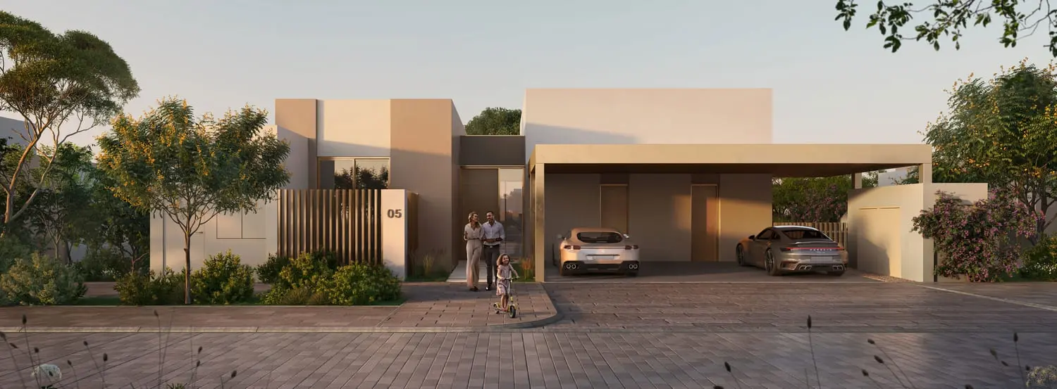 Villa exterior with family lifestyle at the carport at Bayn by Ora, Ghantoot, between Abu Dhabi and Dubai