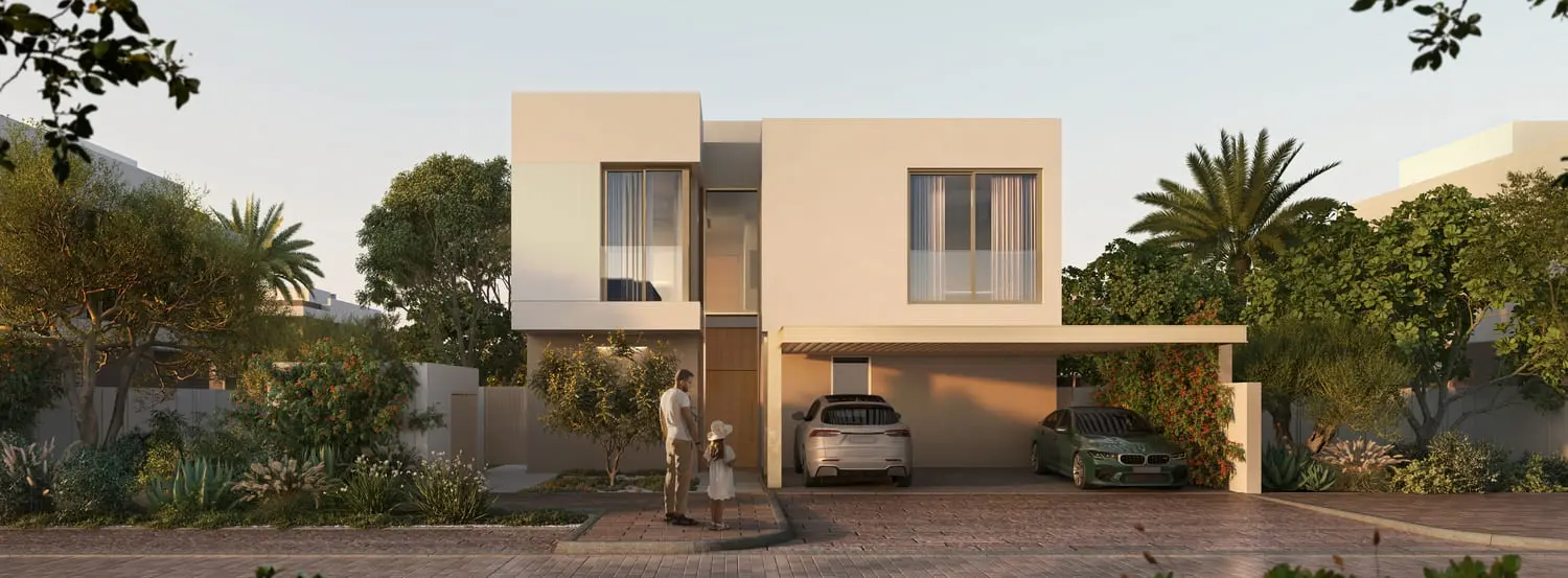 Villa facade with family lifestyle at the entrance at Bayn by Ora, Ghantoot, between Abu Dhabi and Dubai