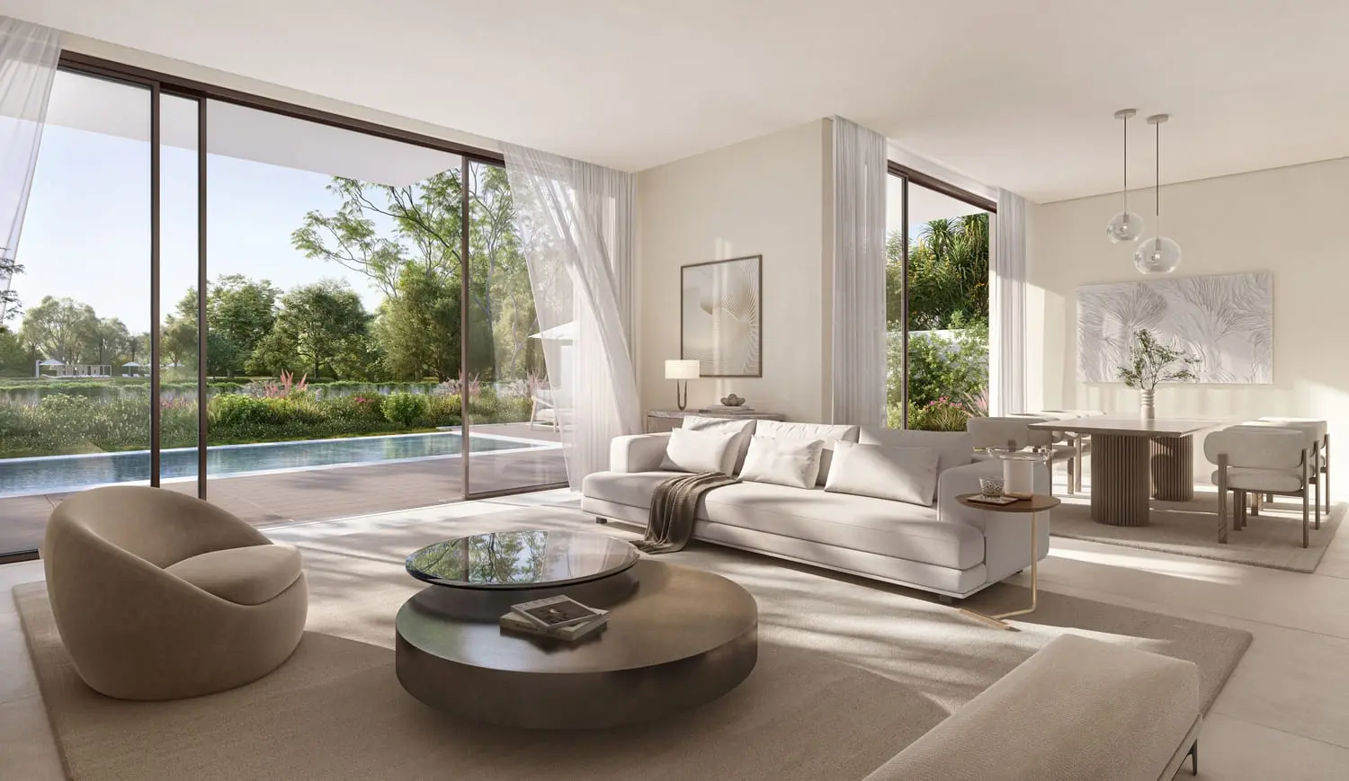 Living and dining opening to pool and garden at Bayn by Ora, Ghantoot, between Abu Dhabi and Dubai
