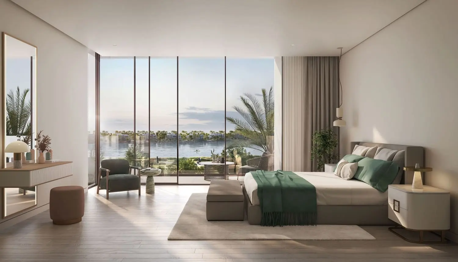 Master bedroom with waterfront lagoon views at Bayn by Ora, Ghantoot, between Abu Dhabi and Dubai