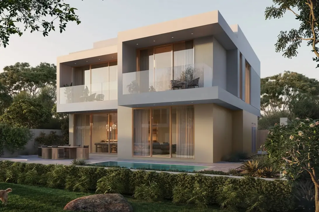 Pool terrace and outdoor dining in the evening at Bayn by Ora, Ghantoot, between Abu Dhabi and Dubai
