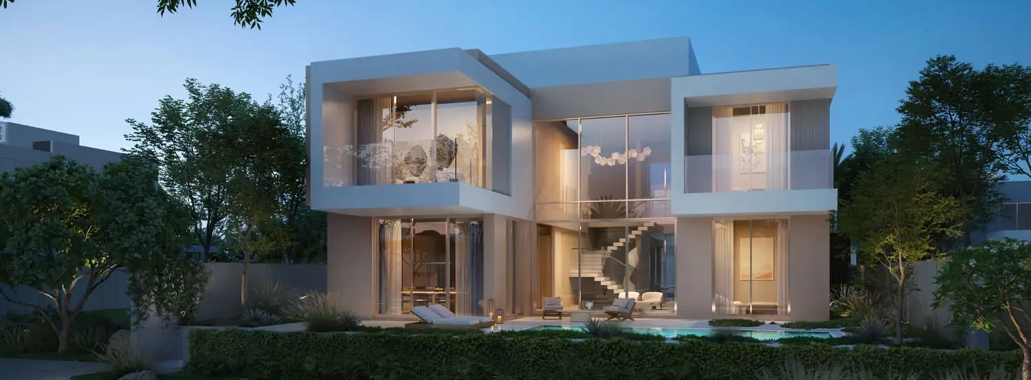 Private pool and villa facade lit at dusk at Bayn by Ora, Ghantoot, between Abu Dhabi and Dubai