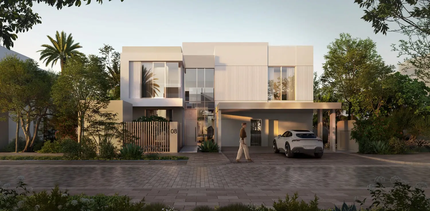 Villa streetscape exterior illuminated at dusk at Bayn by Ora, Ghantoot, between Abu Dhabi and Dubai