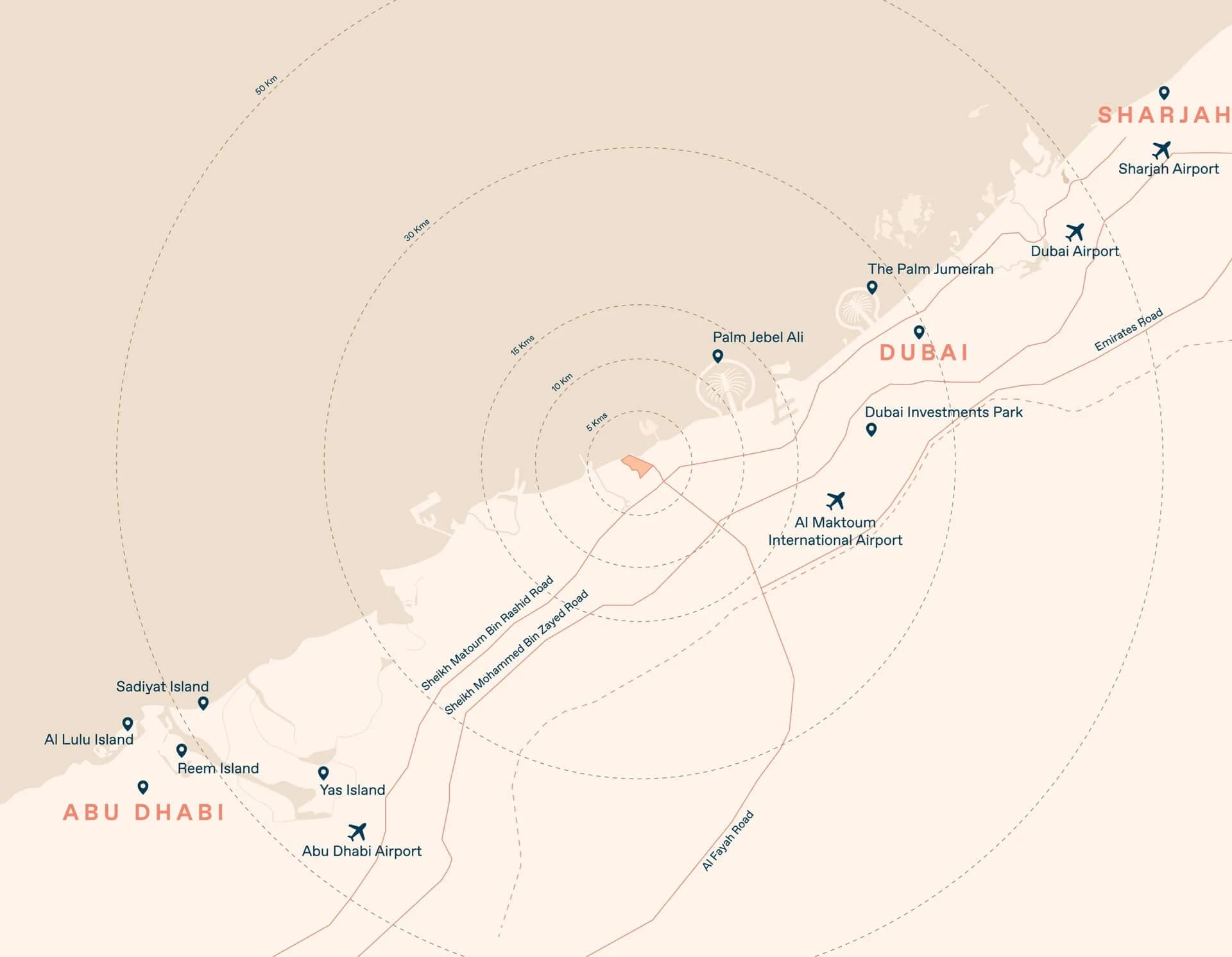 Bayn by ORA location map — drive times to Dubai and Abu Dhabi destinations