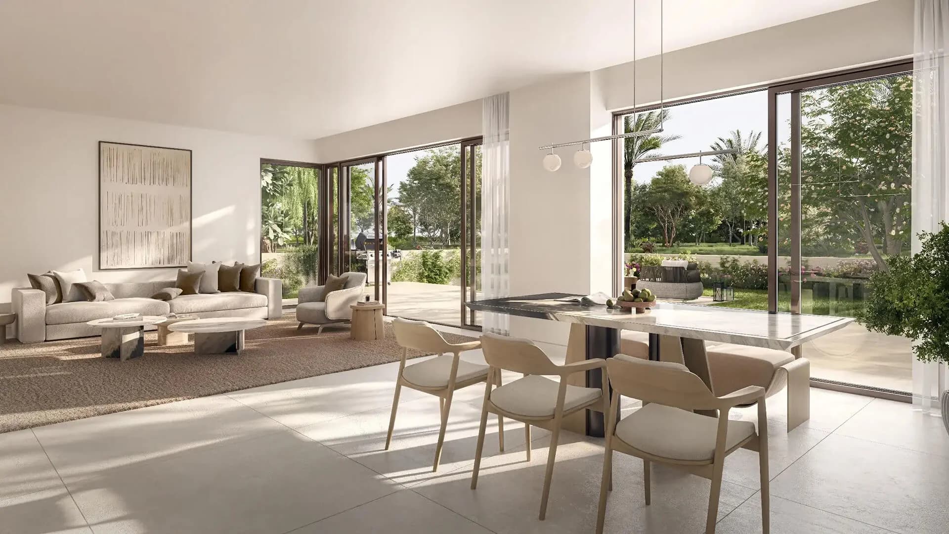 Bayn by ORA Townhomes — open-plan living and dining with garden views