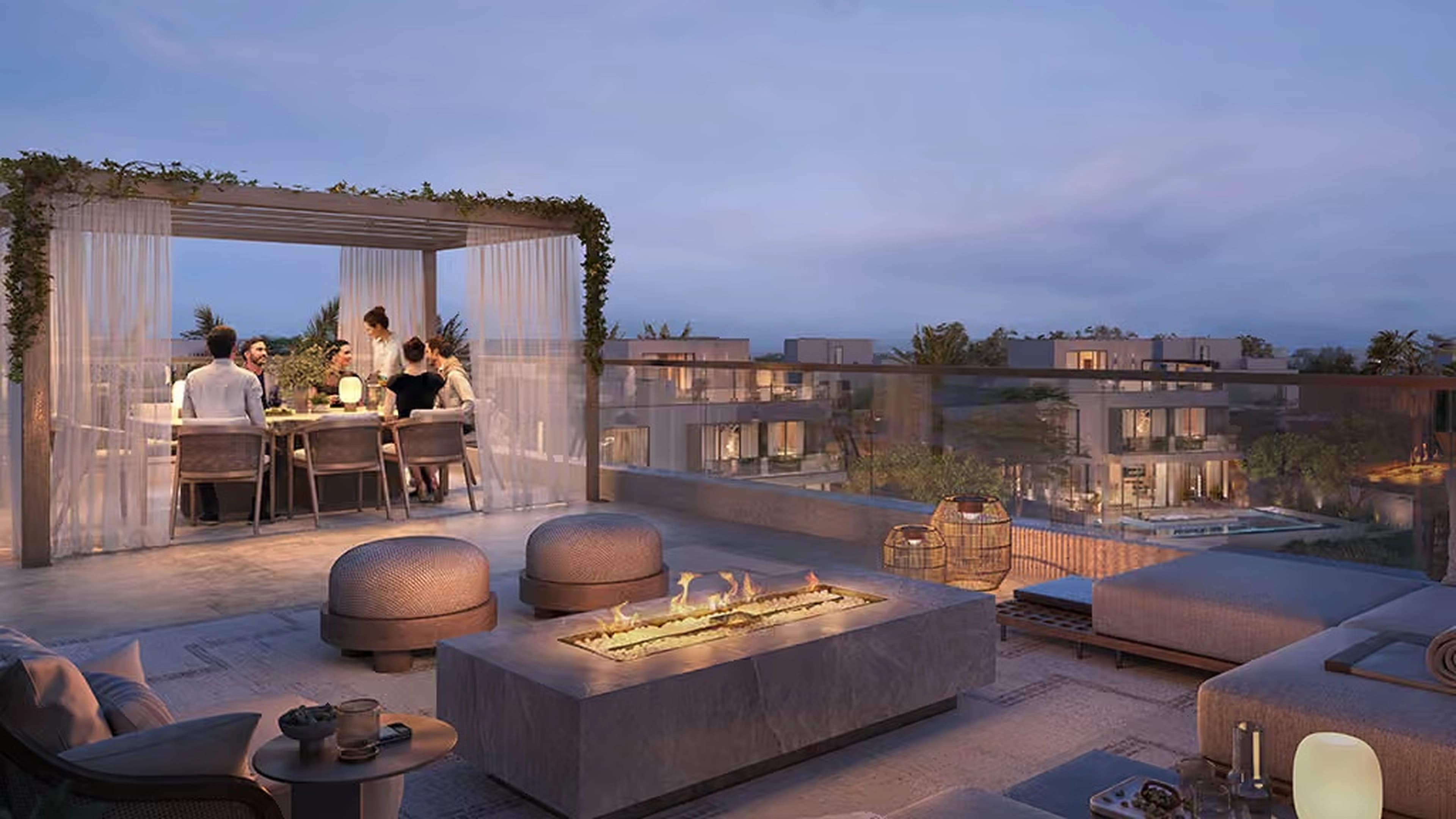 Mirage villa rooftop terrace with fire pit and dining pergola