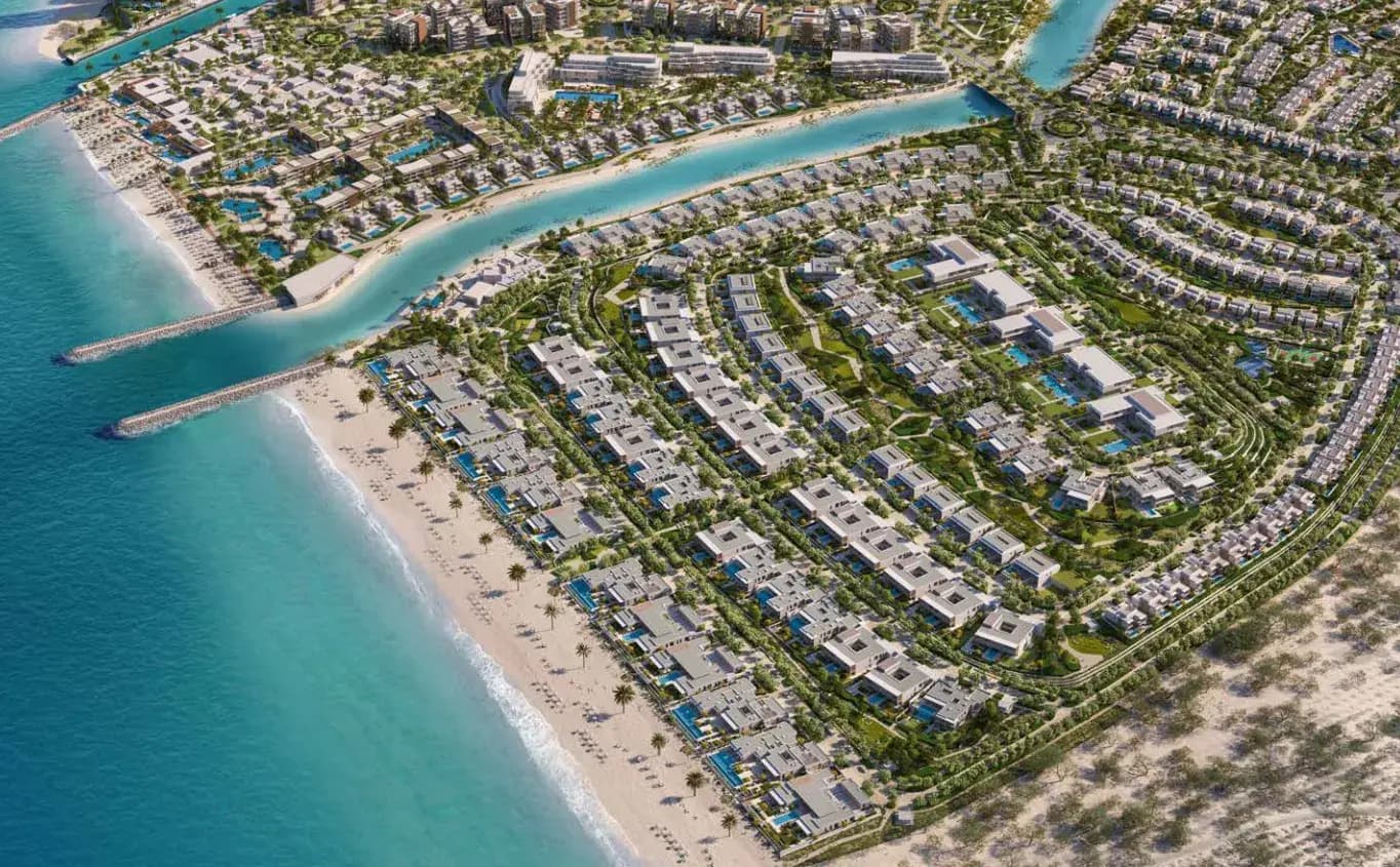 Aerial of beachfront villas with private pools at Y Views at Bayn, Ghantoot, between Abu Dhabi and Dubai