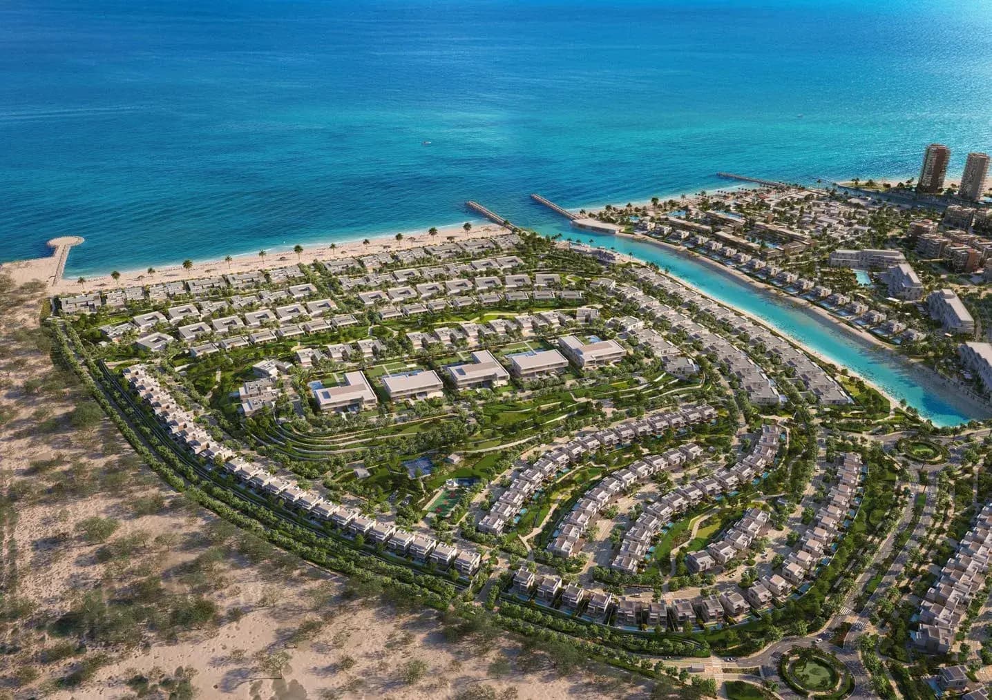 Aerial view of the coastal villa community and canals at Y Views at Bayn, Ghantoot, between Abu Dhabi and Dubai