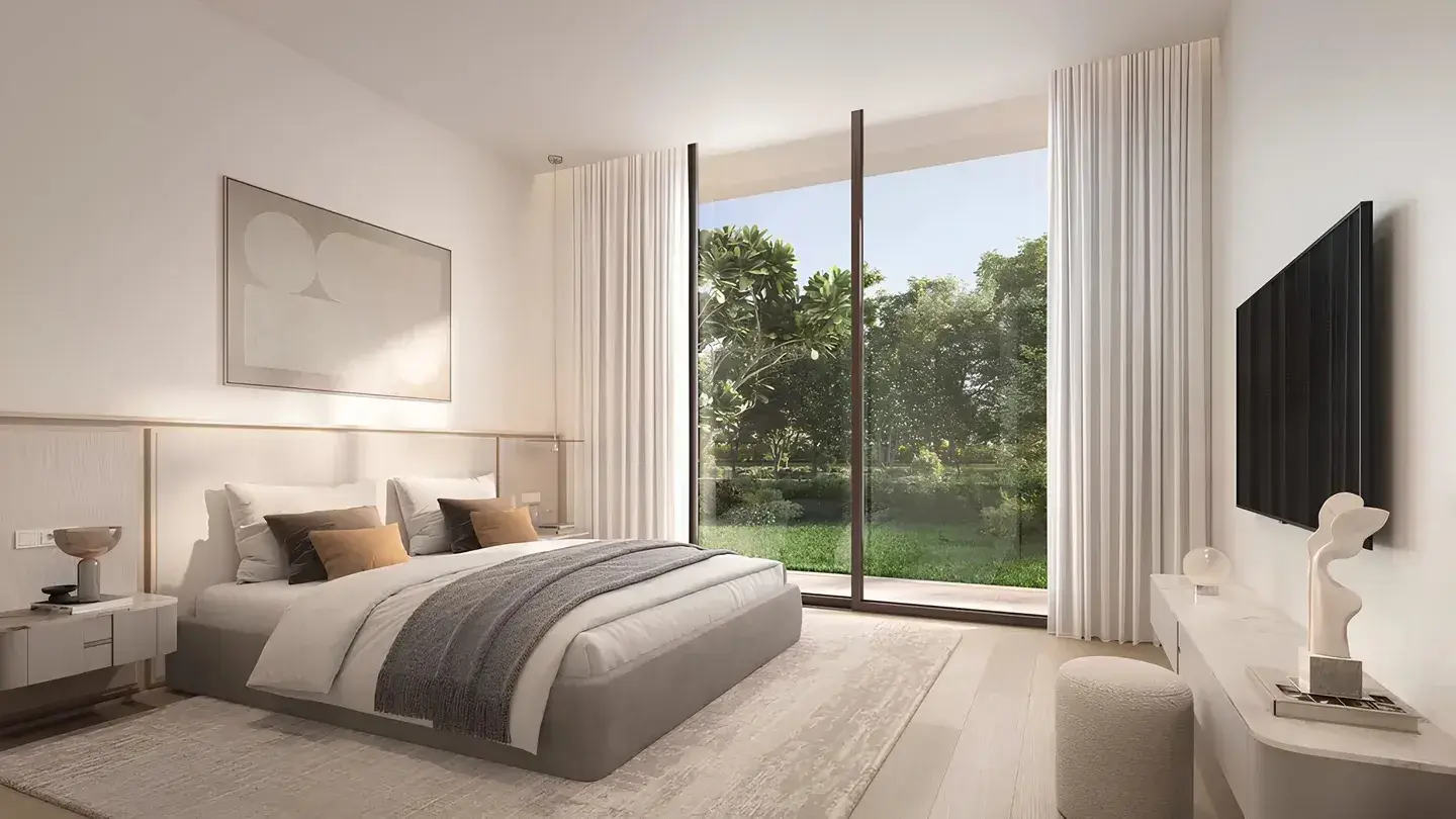Minimalist bedroom with garden view at Y Views at Bayn, Ghantoot, between Abu Dhabi and Dubai