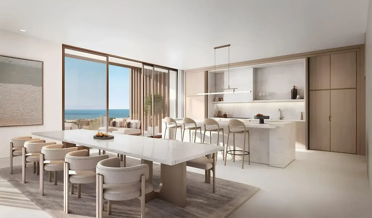 Dining and kitchen opening to beach and ocean at Y Views at Bayn, Ghantoot, between Abu Dhabi and Dubai