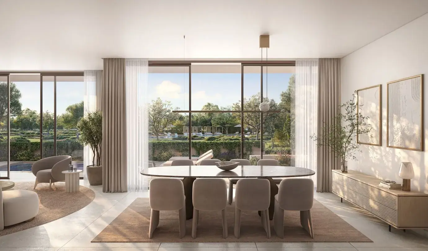 Dining room overlooking garden and pool at Y Views at Bayn, Ghantoot, between Abu Dhabi and Dubai