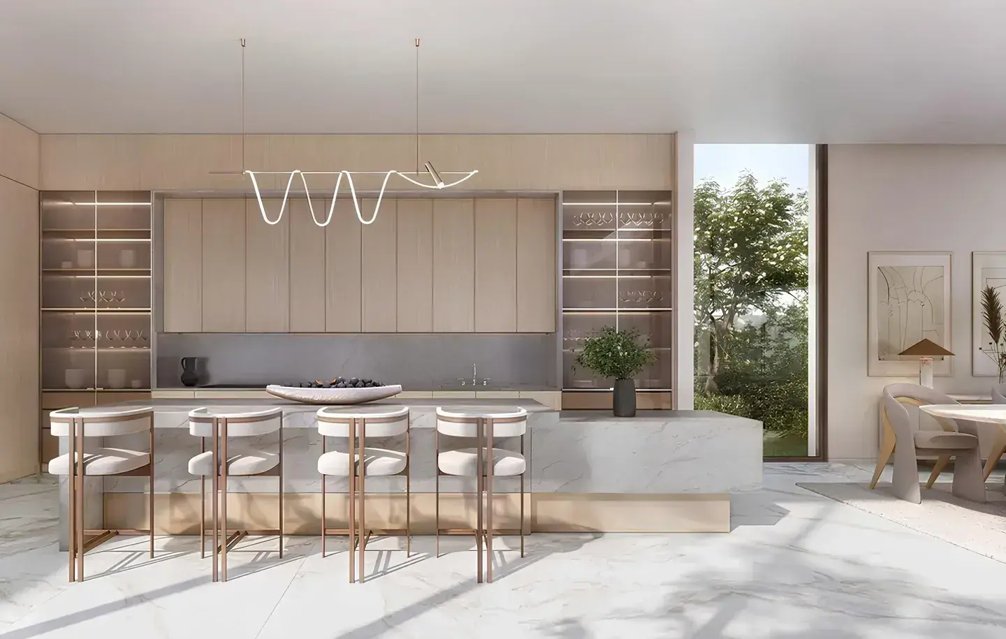 Luxury kitchen with marble island and bar stools at Y Views at Bayn, Ghantoot, between Abu Dhabi and Dubai