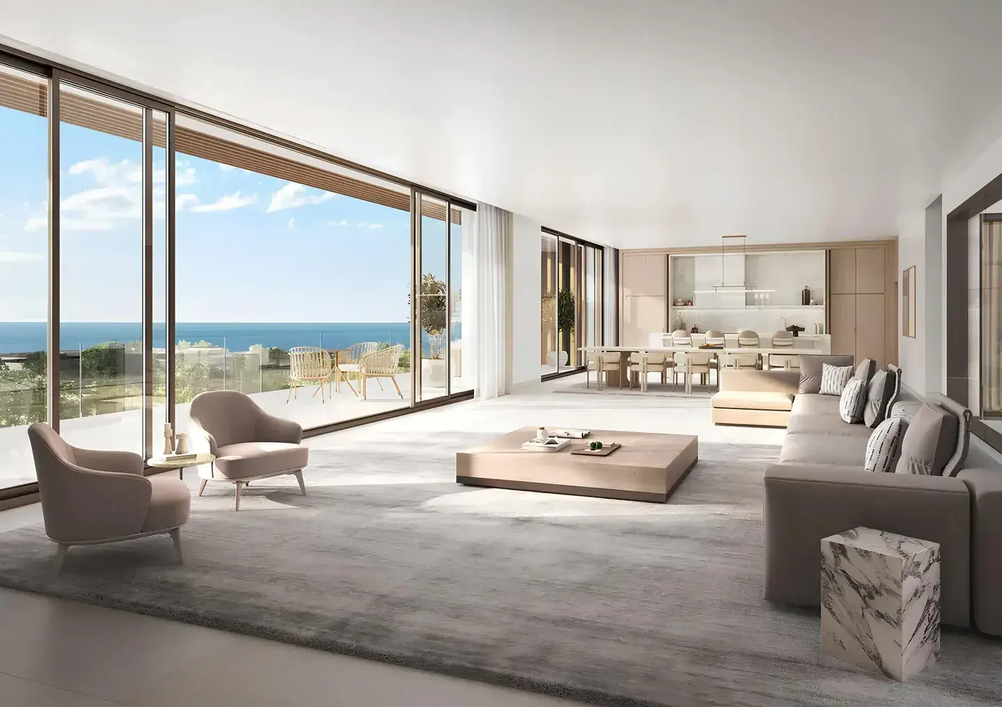 Open-plan living, dining and kitchen with ocean view at Y Views at Bayn, Ghantoot, between Abu Dhabi and Dubai