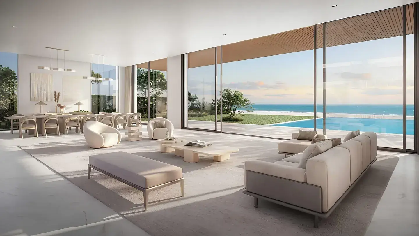 Living and dining with ocean and private pool view at Y Views at Bayn, Ghantoot, between Abu Dhabi and Dubai
