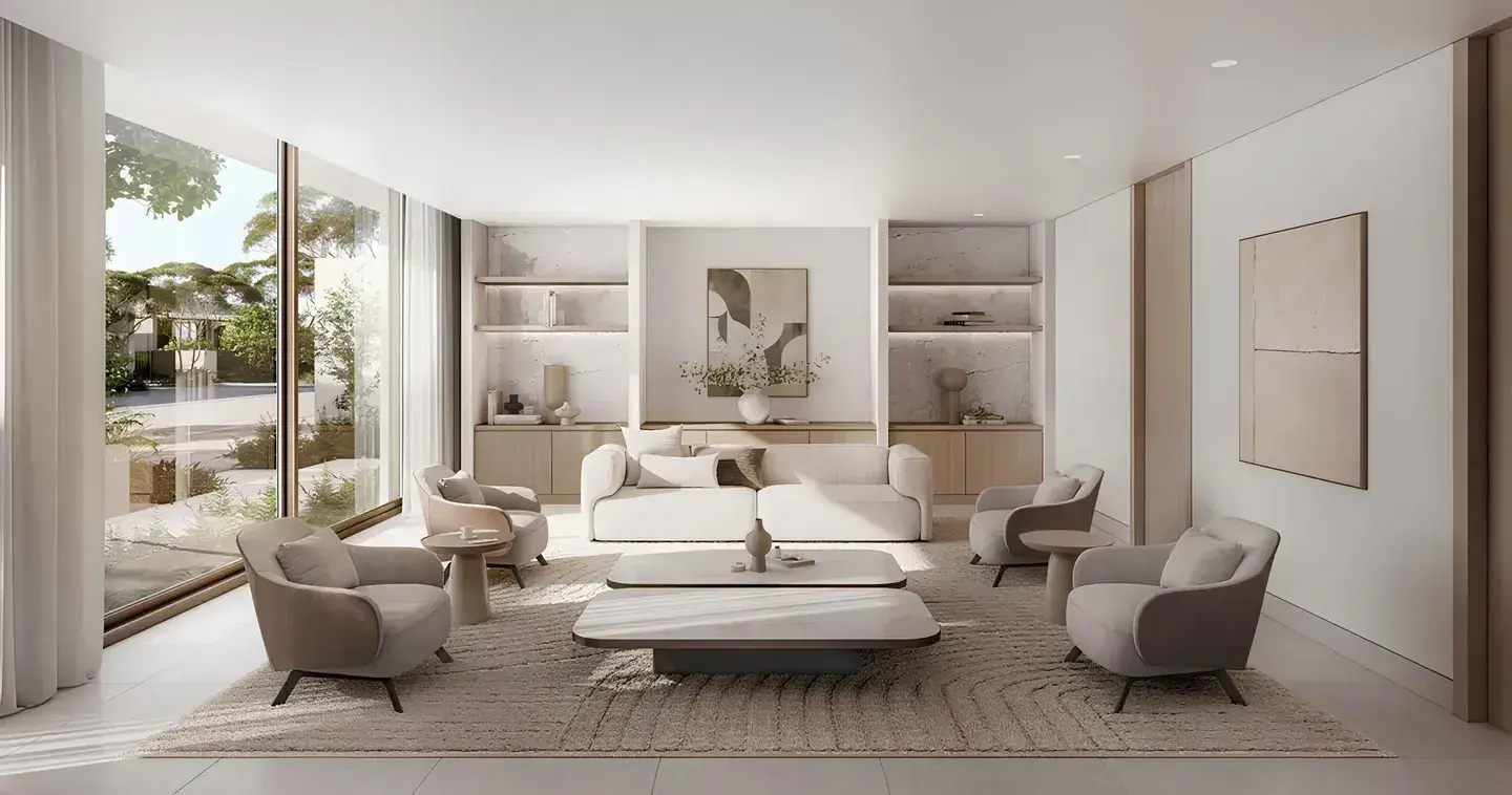 Minimalist living room with floor-to-ceiling windows at Y Views at Bayn, Ghantoot, between Abu Dhabi and Dubai