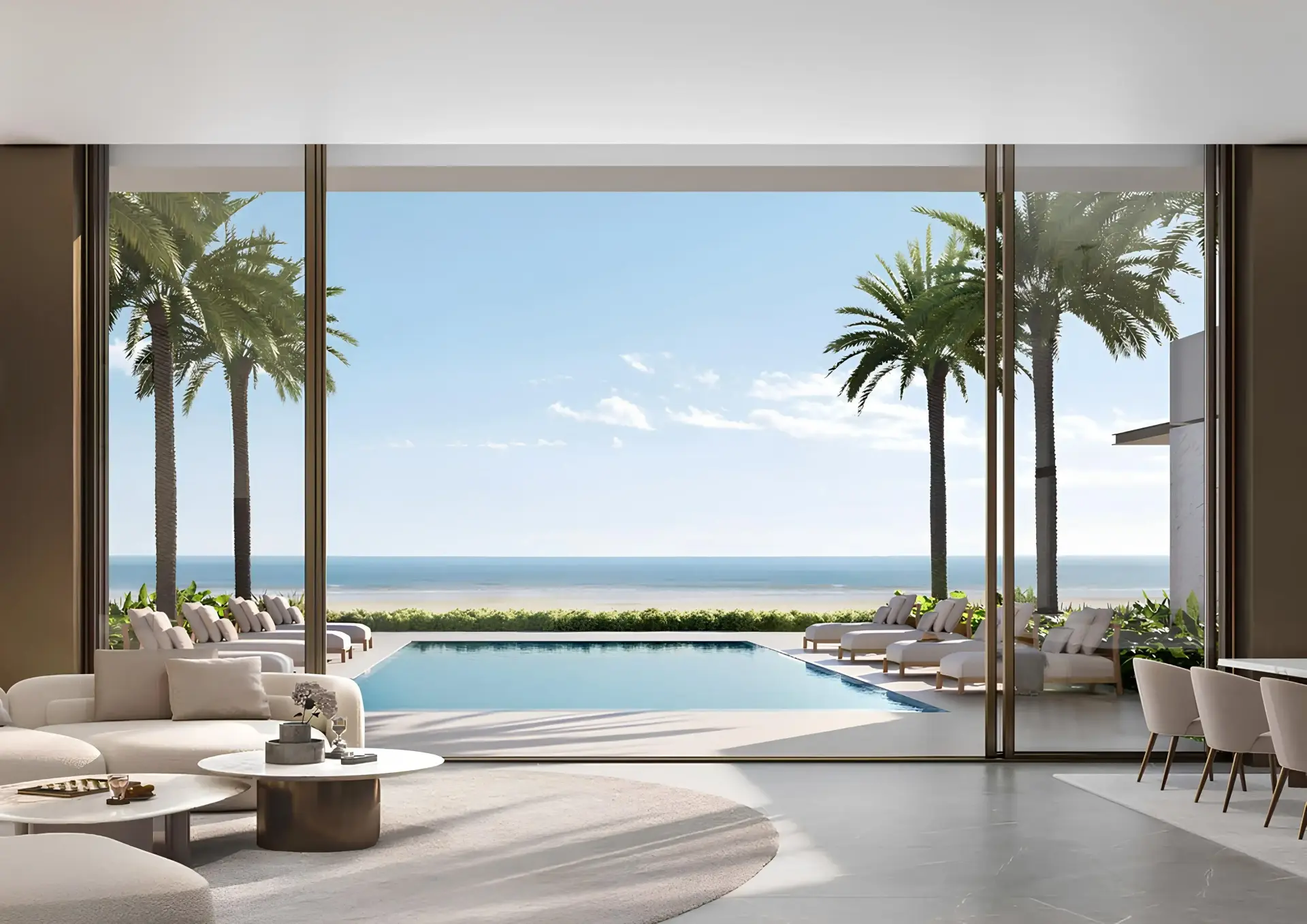Living room opening to private pool and beach at Y Views at Bayn, Ghantoot, between Abu Dhabi and Dubai