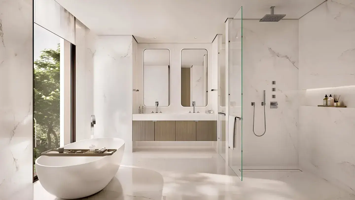 Master bathroom with freestanding soaking tub at Y Views at Bayn, Ghantoot, between Abu Dhabi and Dubai
