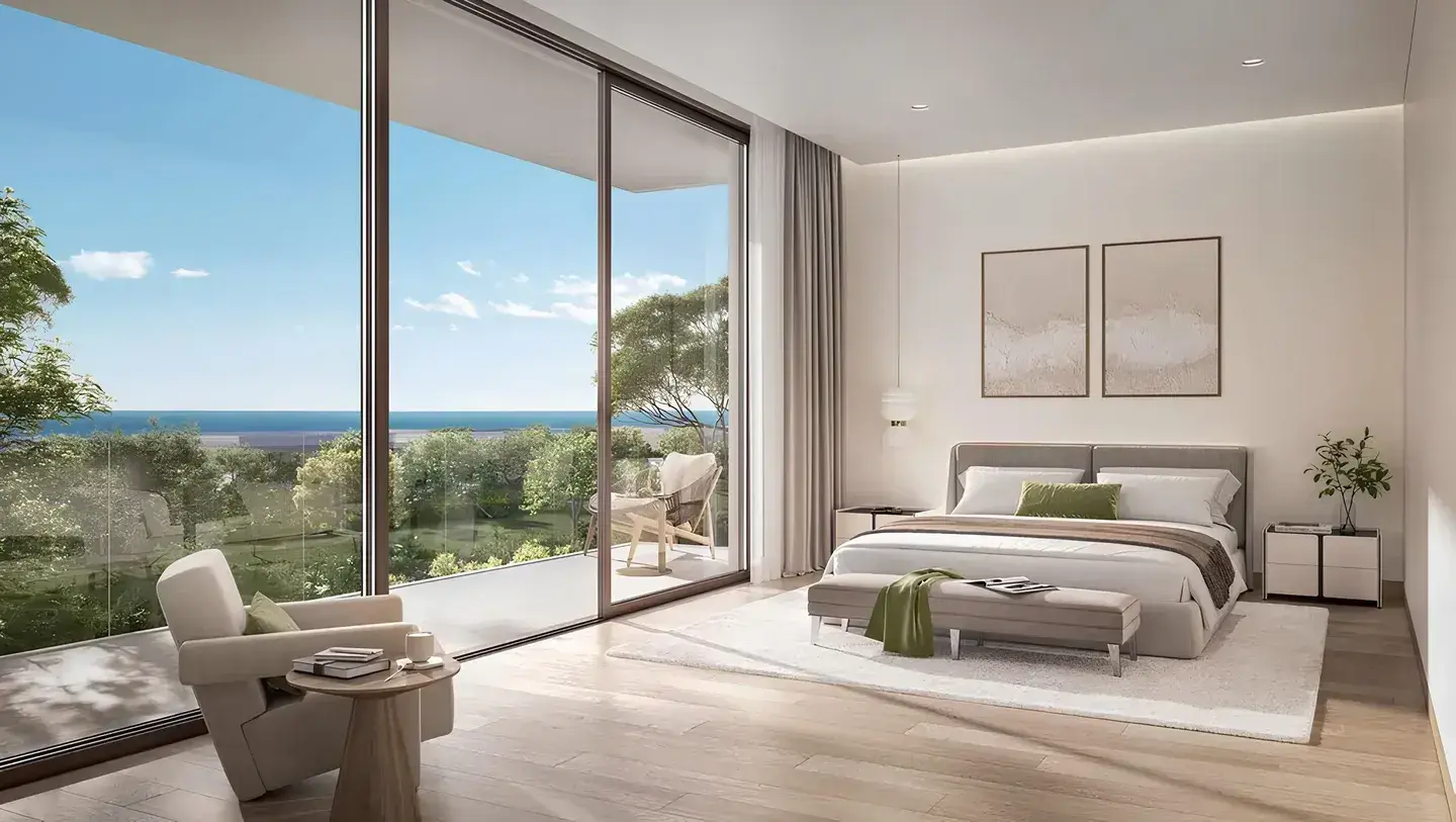 Master bedroom with balcony and sea view at Y Views at Bayn, Ghantoot, between Abu Dhabi and Dubai