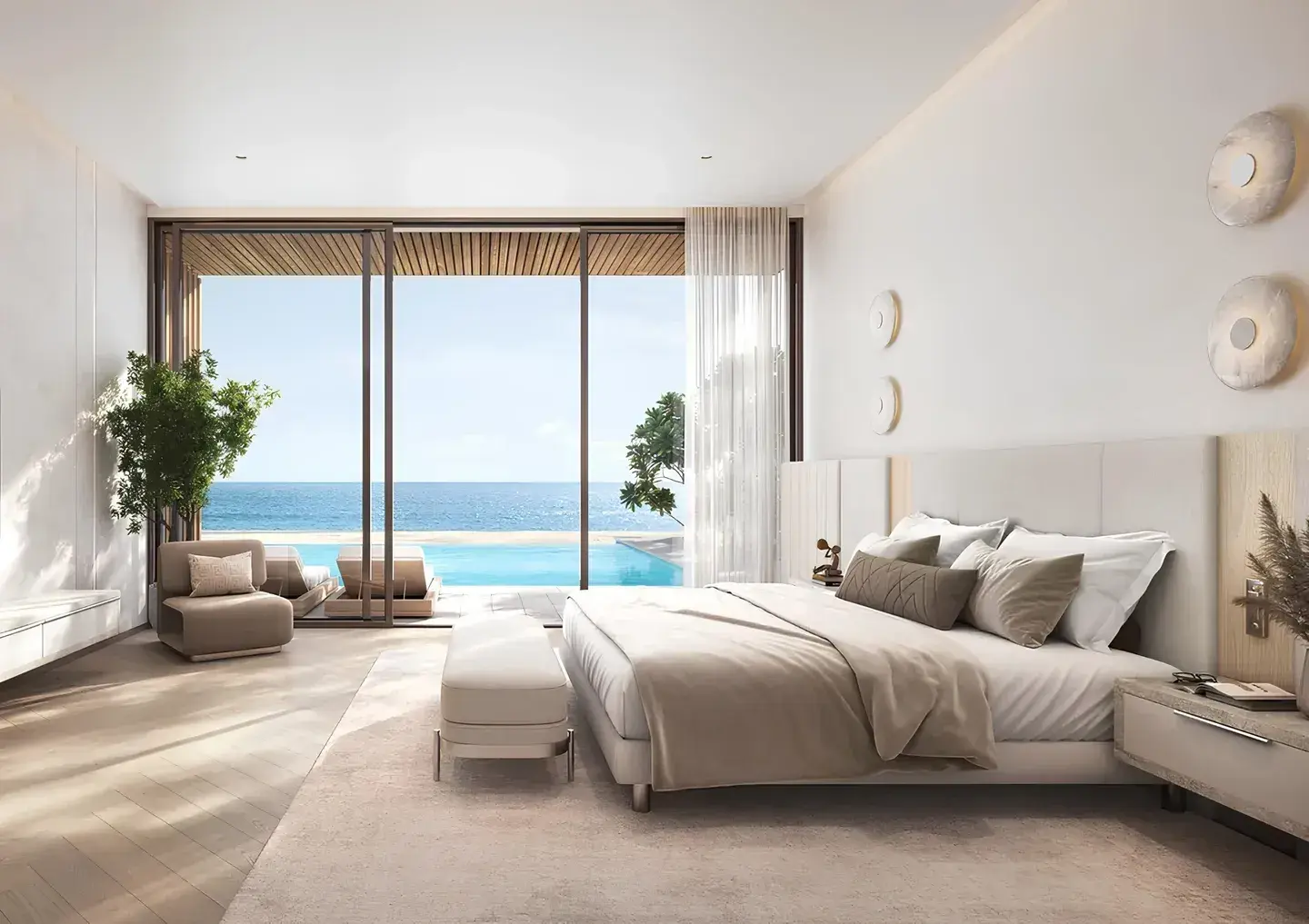 Master bedroom opening to pool and ocean at Y Views at Bayn, Ghantoot, between Abu Dhabi and Dubai