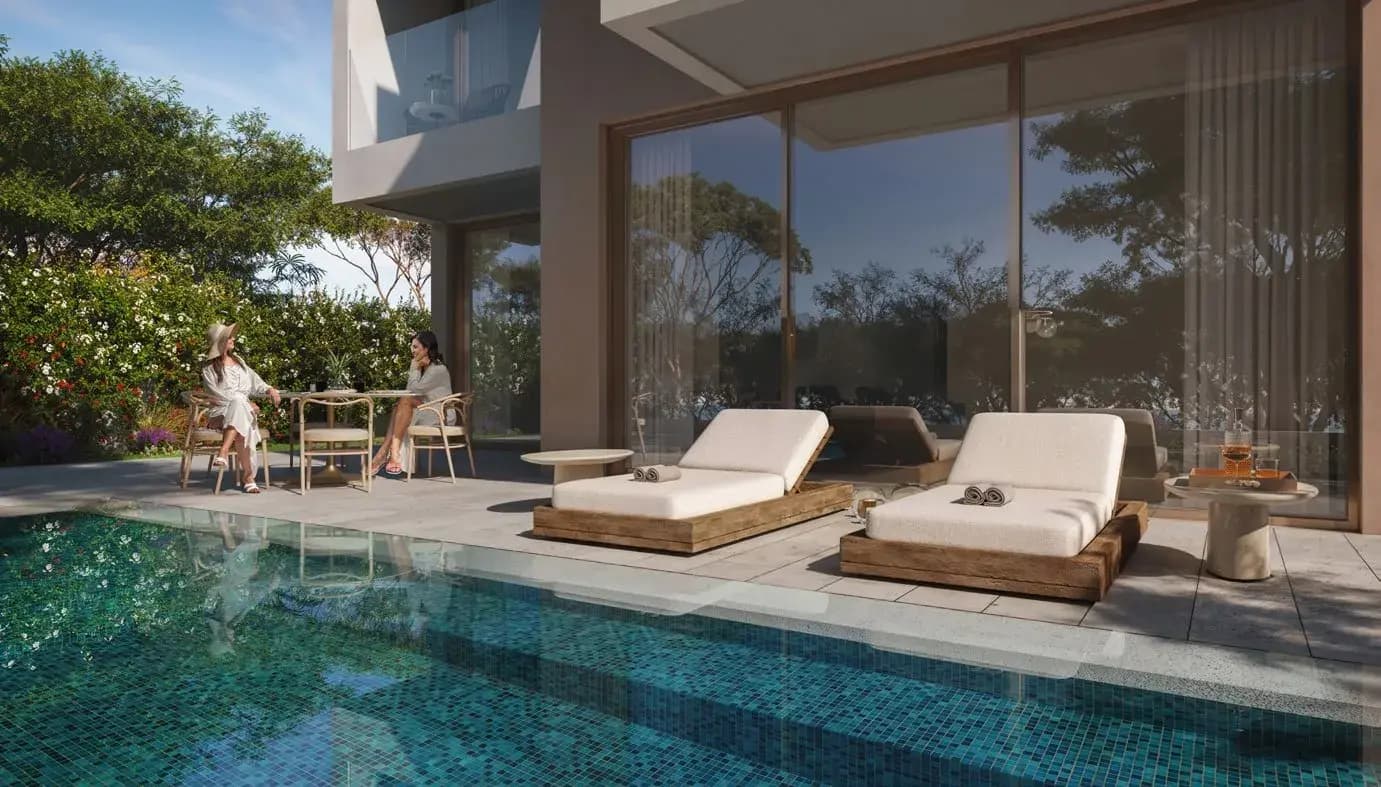 Private pool terrace with sun loungers at Y Views at Bayn, Ghantoot, between Abu Dhabi and Dubai